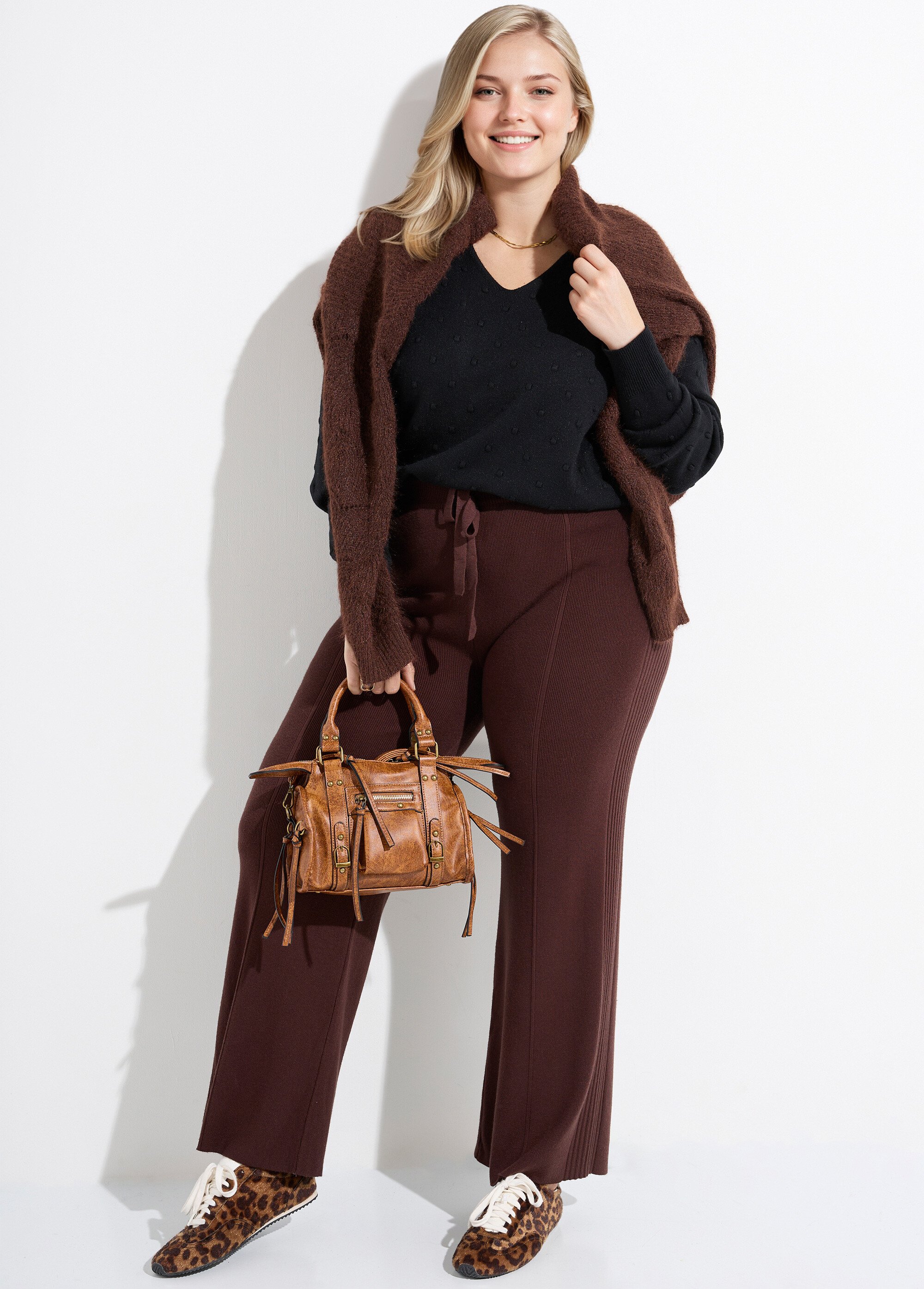 Pantalon large confort, jeu de mailles Femme Grande Taille Marron CHY-D0343C MV1