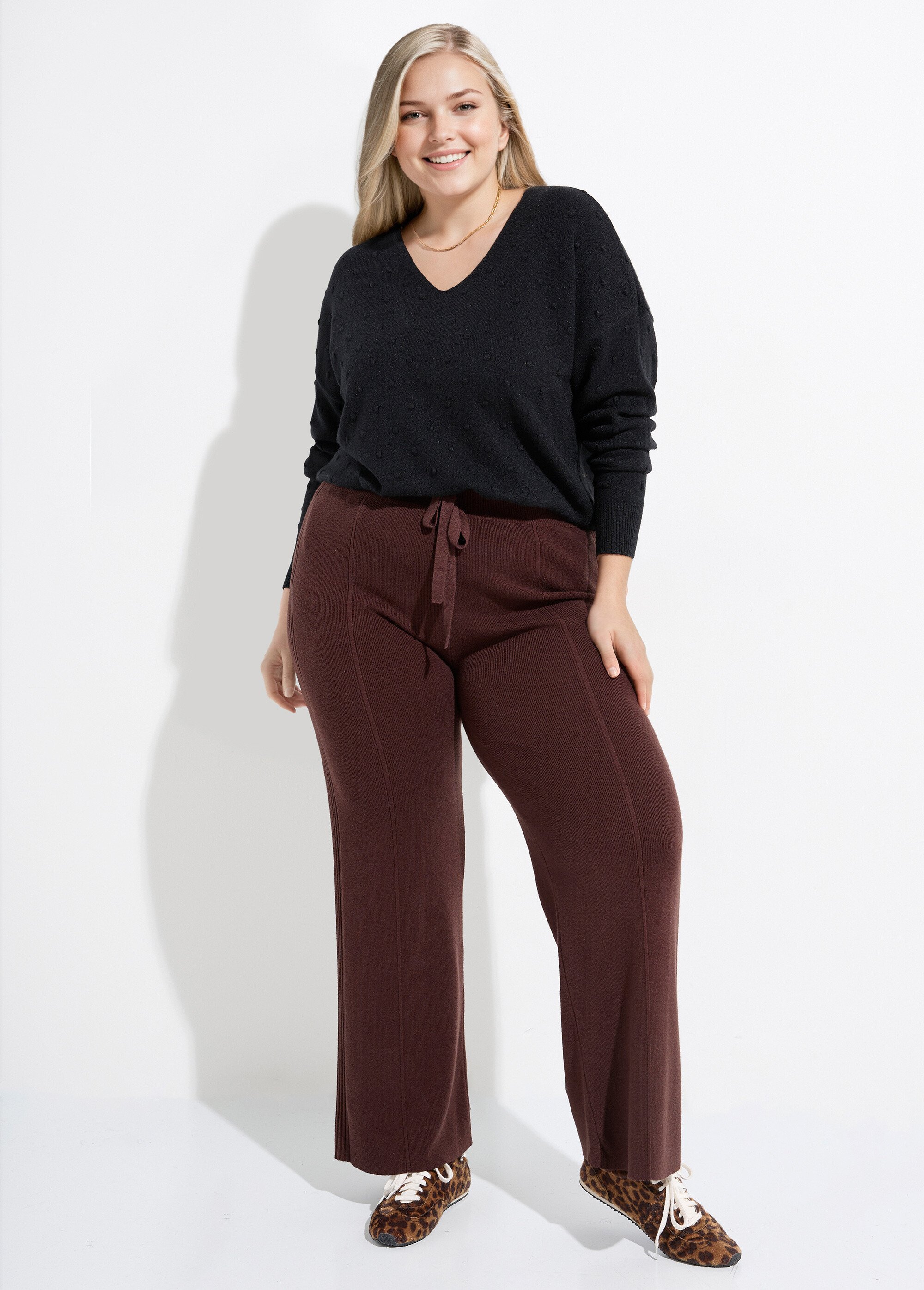 Pantalon large confort, jeu de mailles Femme Grande Taille Marron CHY-D0343C SF1