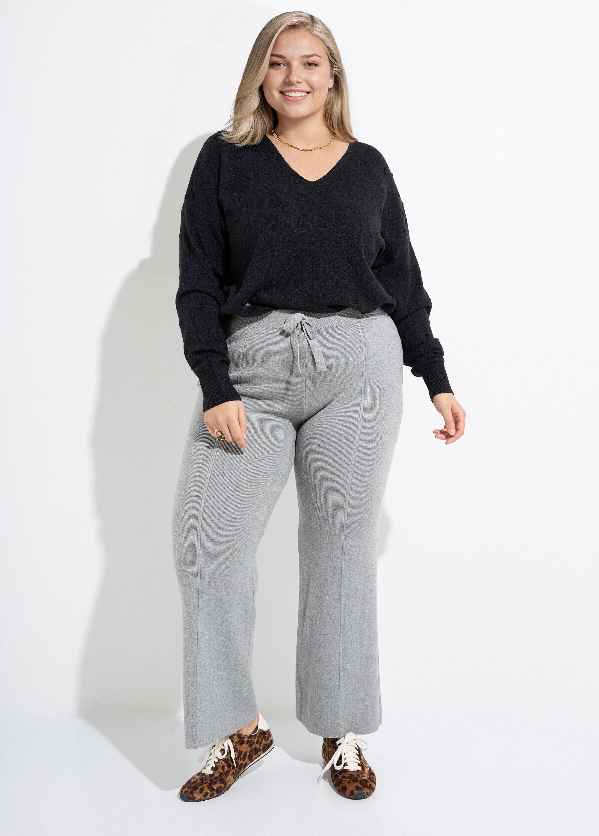 Pantalon large confort, jeu de mailles Femme Grande Taille Gris CHY-D0343C SF1