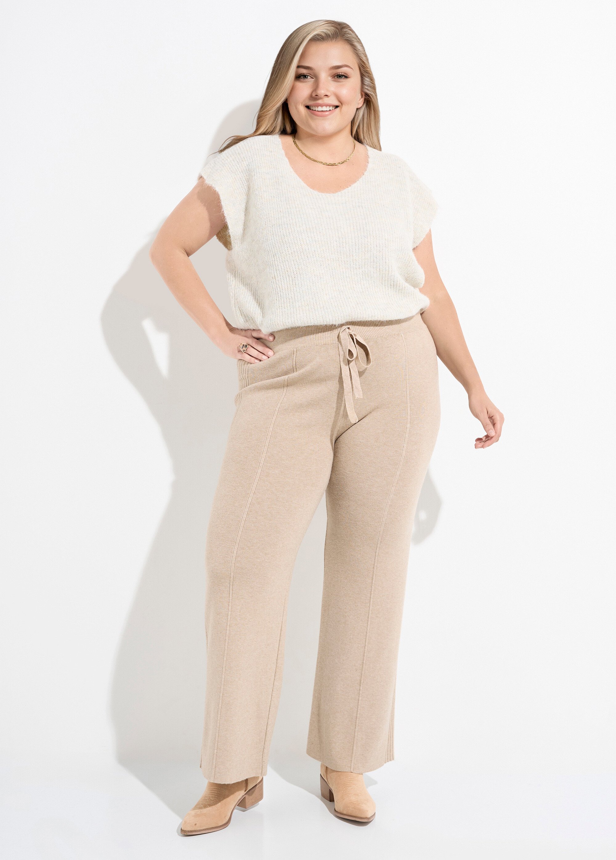 Pantalon large confort, jeu de mailles Femme Grande Taille Beige CHY-D0343C SF1