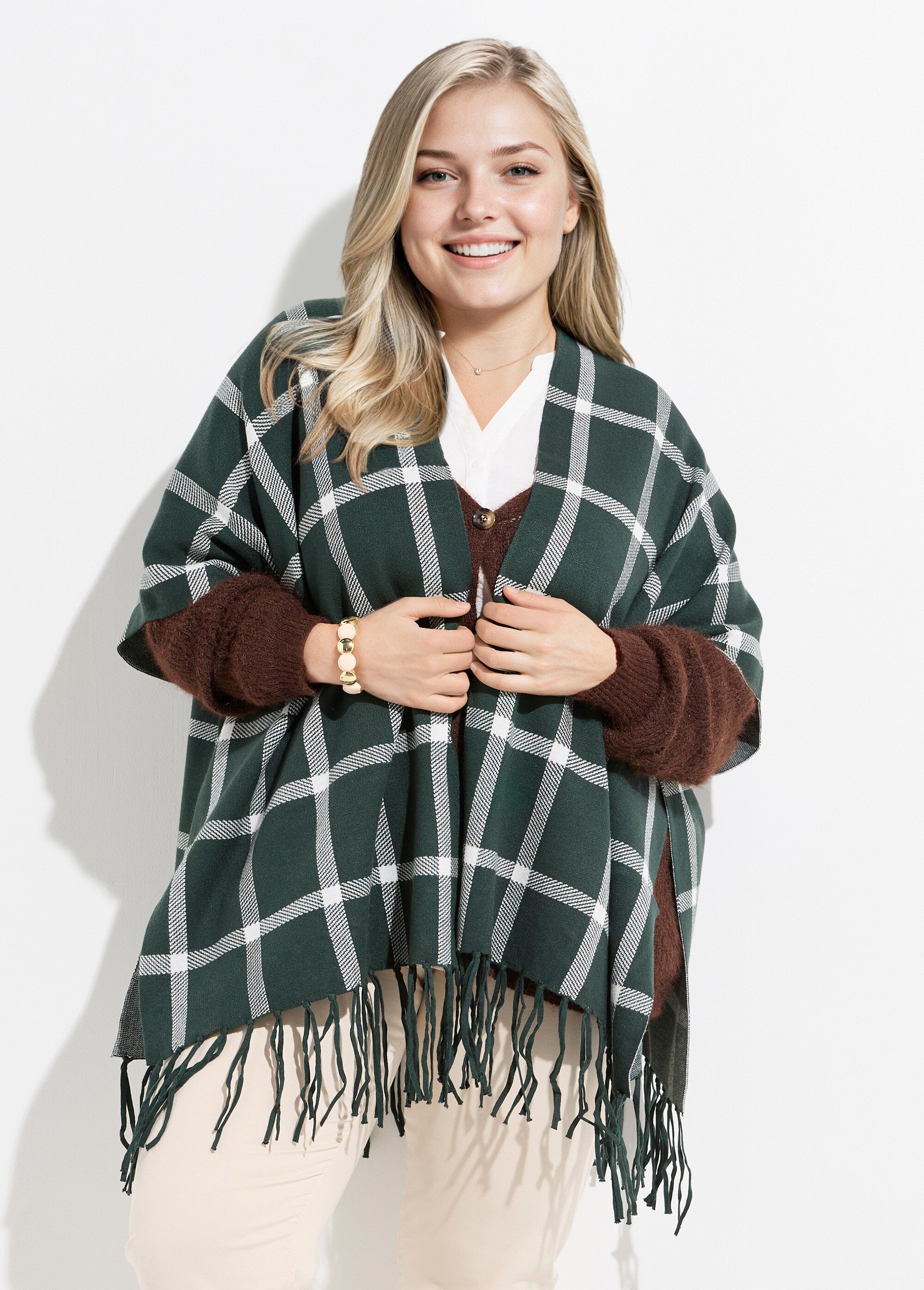 Poncho cape en maille, motif carreaux Femme Grande Taille CARREAUX VERT CHY-K5522 FA1