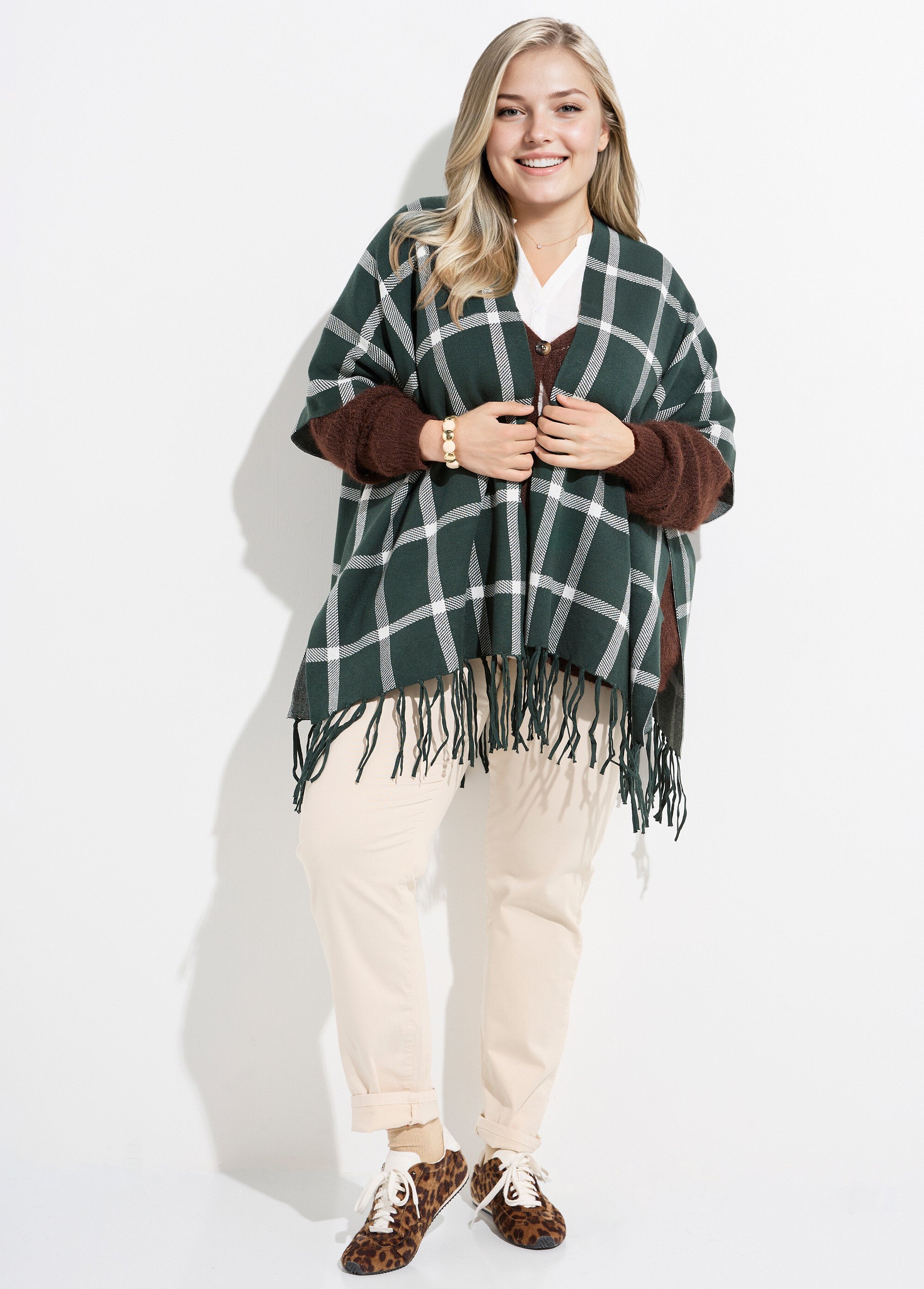 Poncho cape en maille, motif carreaux Femme Grande Taille CARREAUX VERT CHY-K5522 SF1