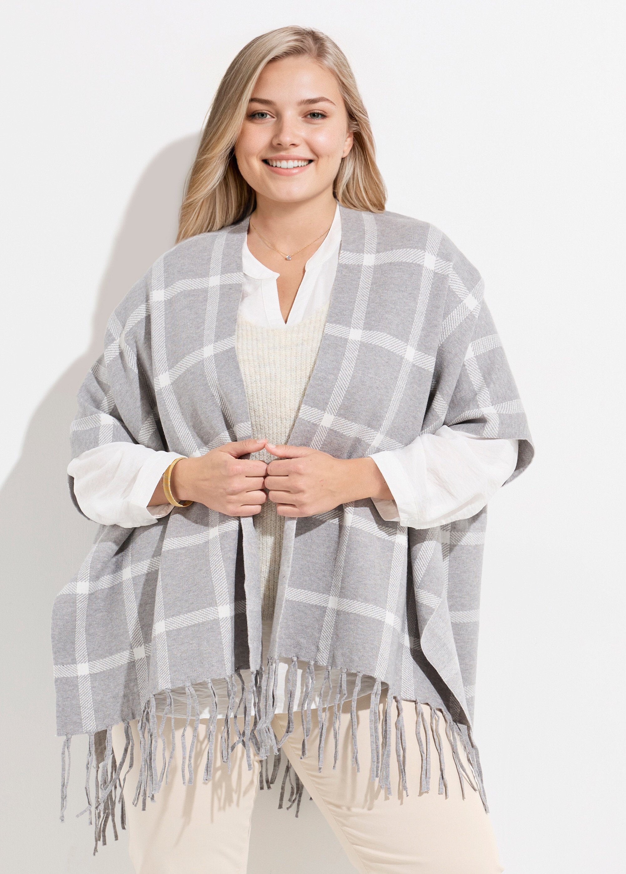 Poncho cape en maille, motif carreaux Femme Grande Taille CARREAUX GRIS CHY-K5522 FA1