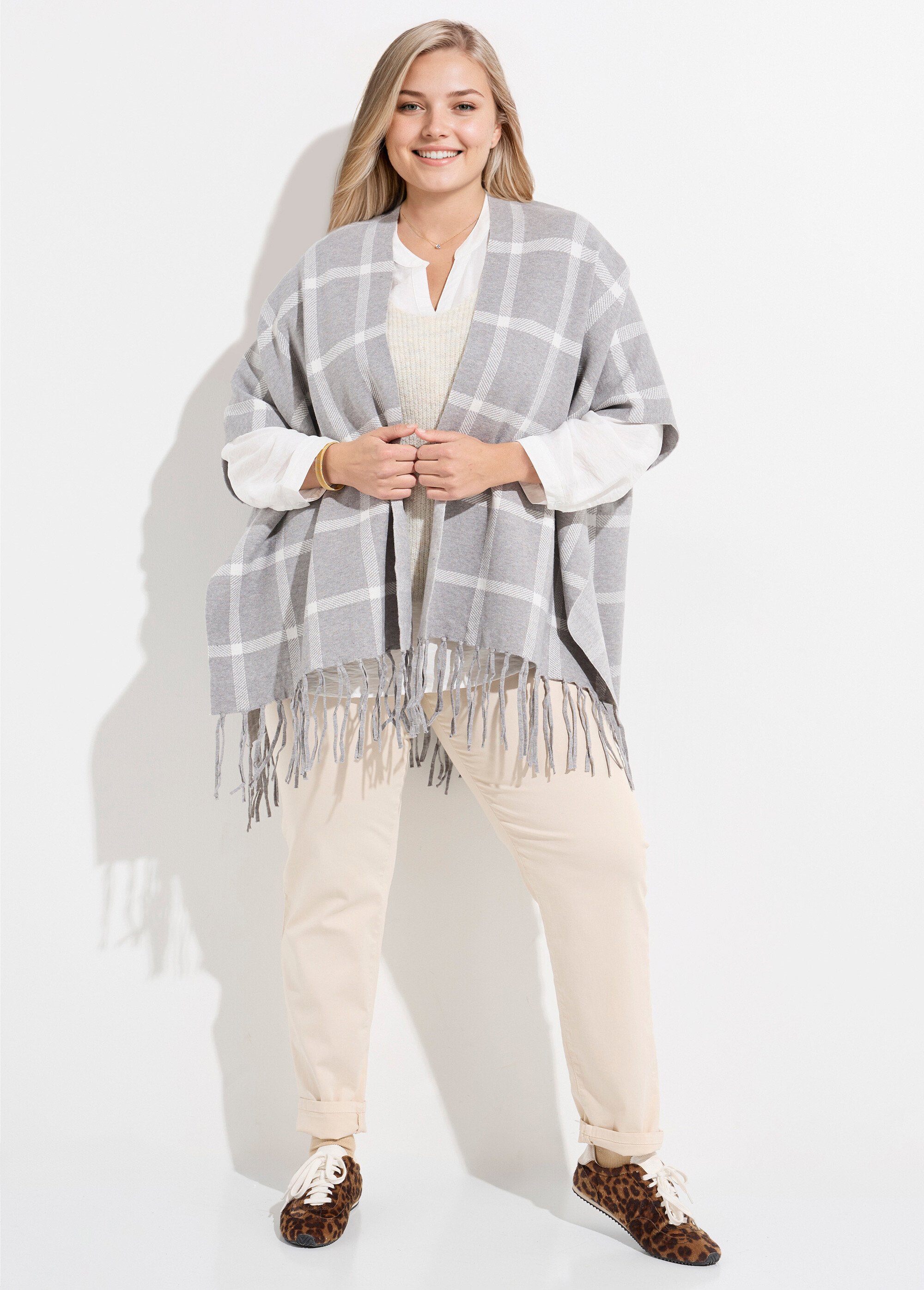 Poncho cape en maille, motif carreaux Femme Grande Taille CARREAUX GRIS CHY-K5522 SF1