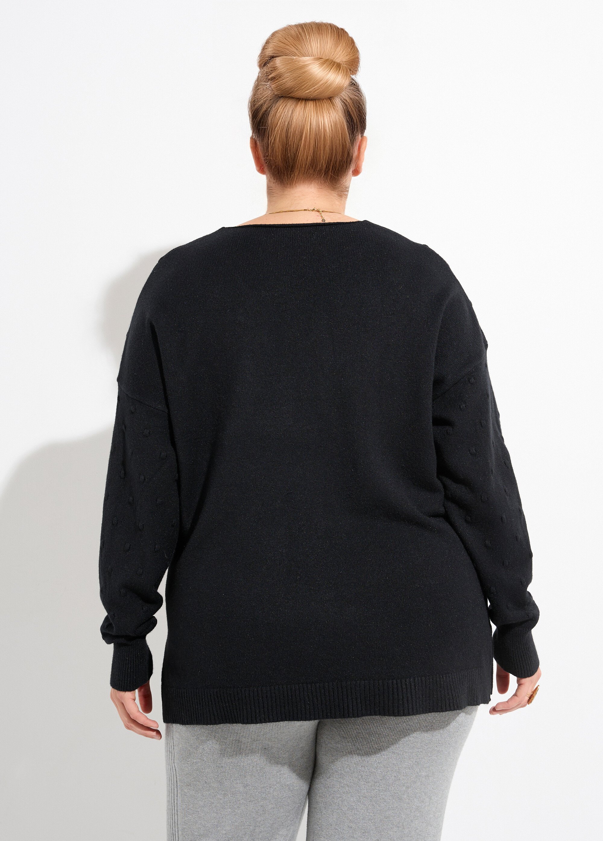 Pull col V maille fantaisie à pois Femme Grande Taille Noir CHY-2268 DO1