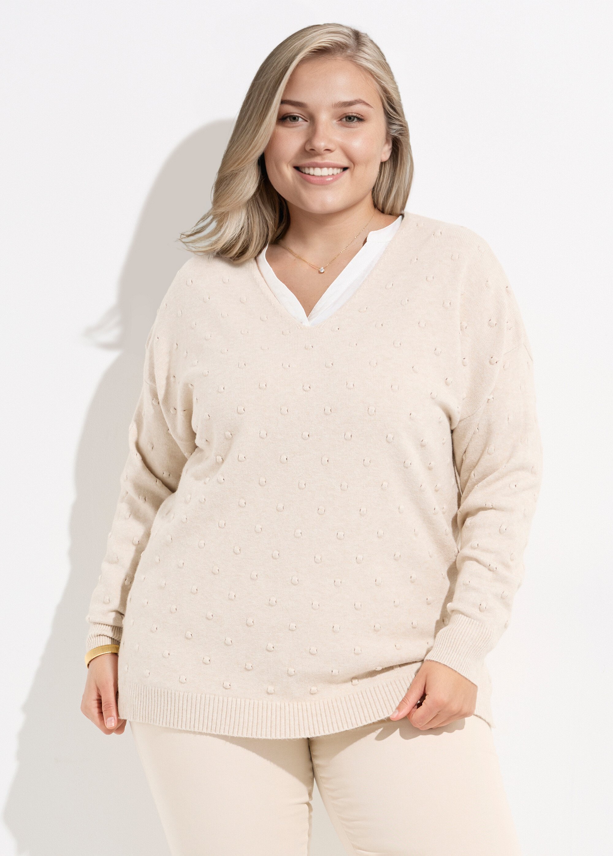 Pull col V maille fantaisie à pois Femme Grande Taille Gris CHY-2268 FA1