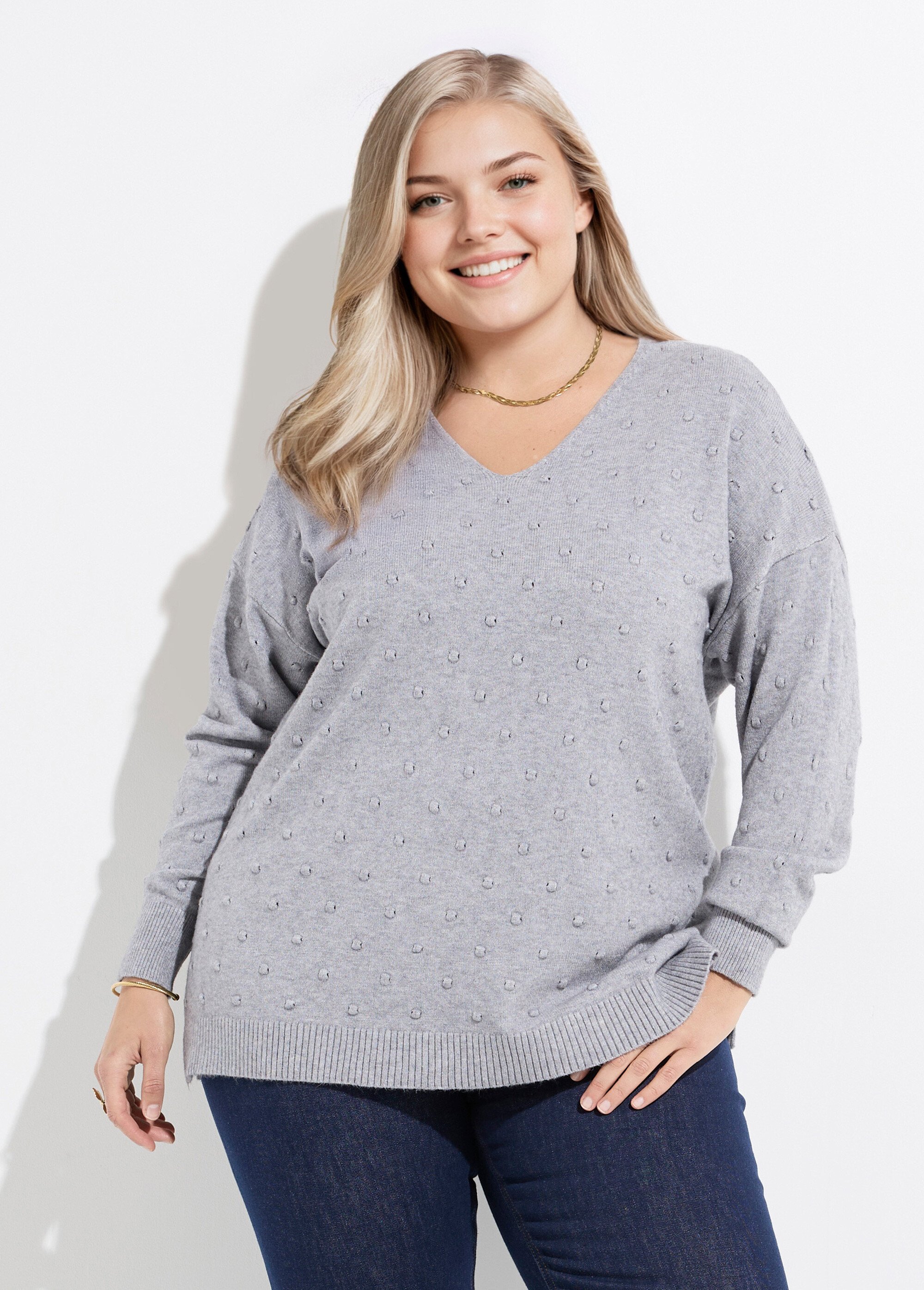 Pull col V maille fantaisie à pois Femme Grande Taille Gris CHY-2268 FA1
