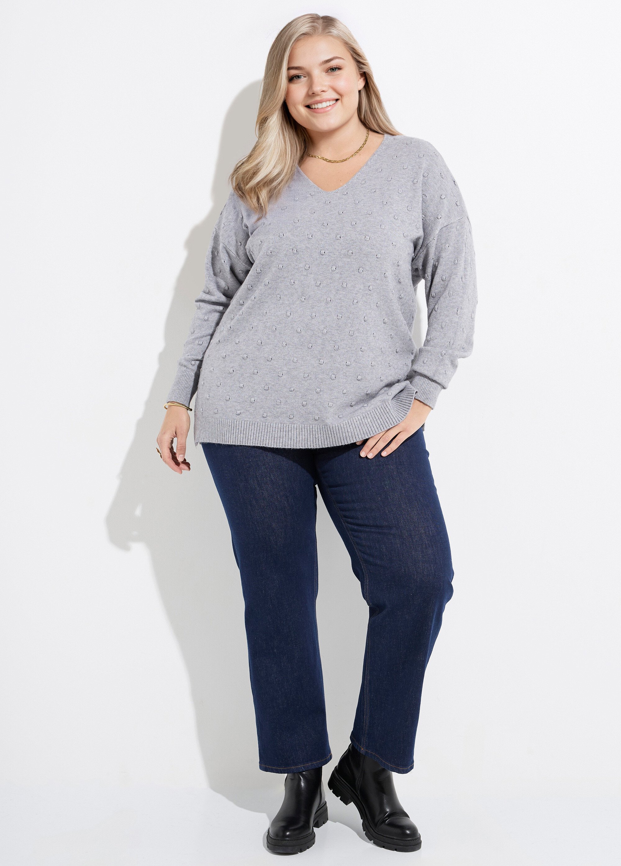 Pull col V maille fantaisie à pois Femme Grande Taille Gris CHY-2268 SF1