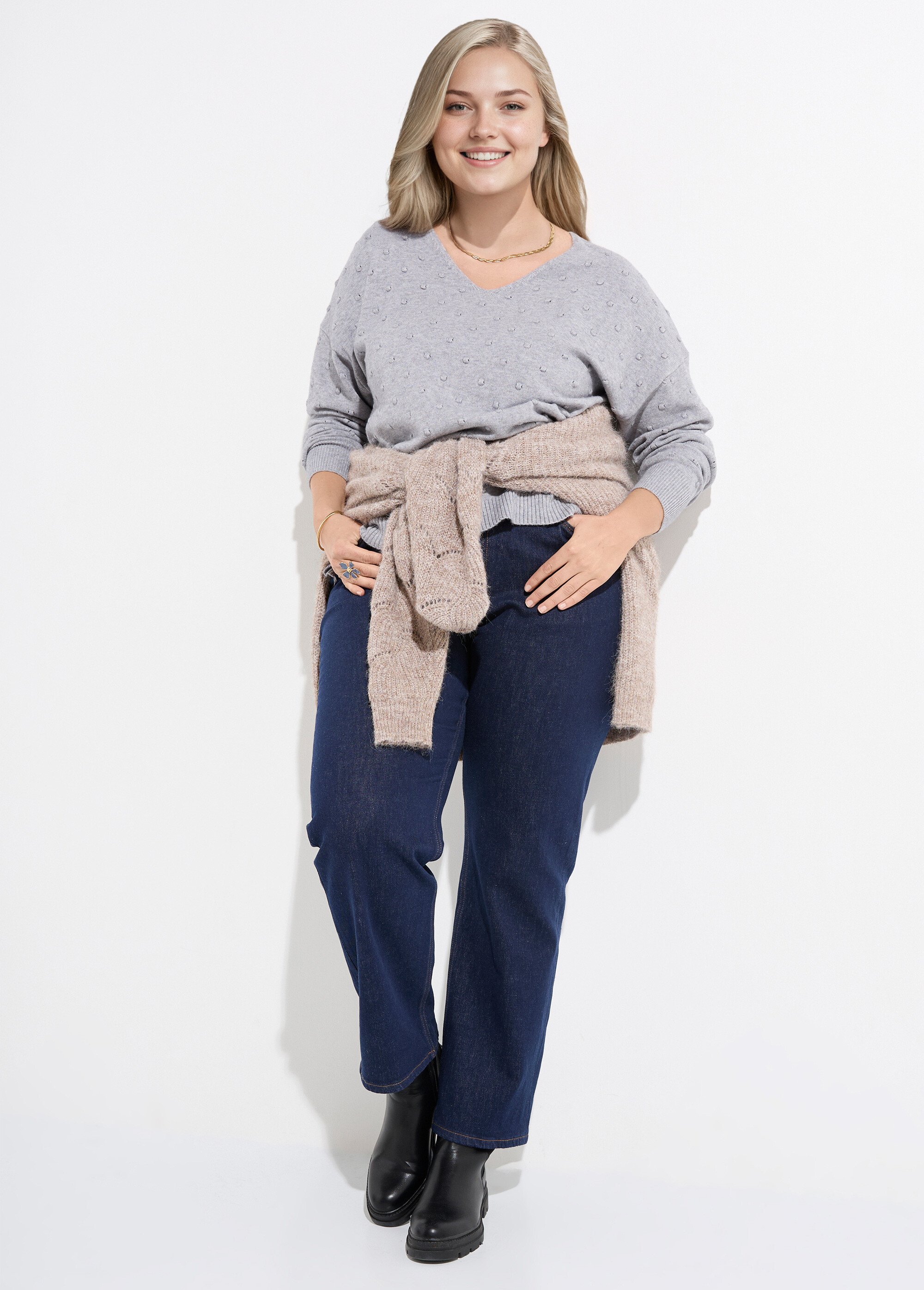 Pull col V maille fantaisie à pois Femme Grande Taille Gris CHY-2268 SI1