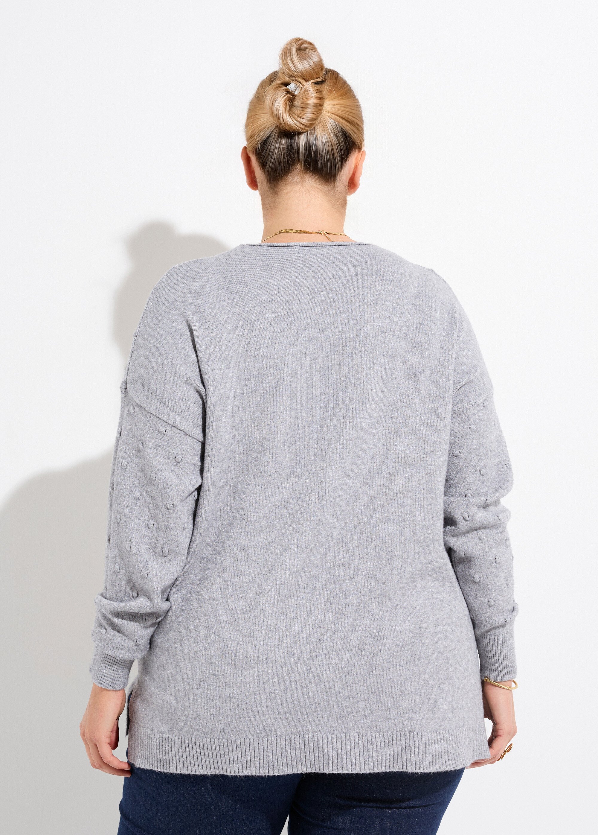 Pull col V maille fantaisie à pois Femme Grande Taille Beige CHY-2268 DO1