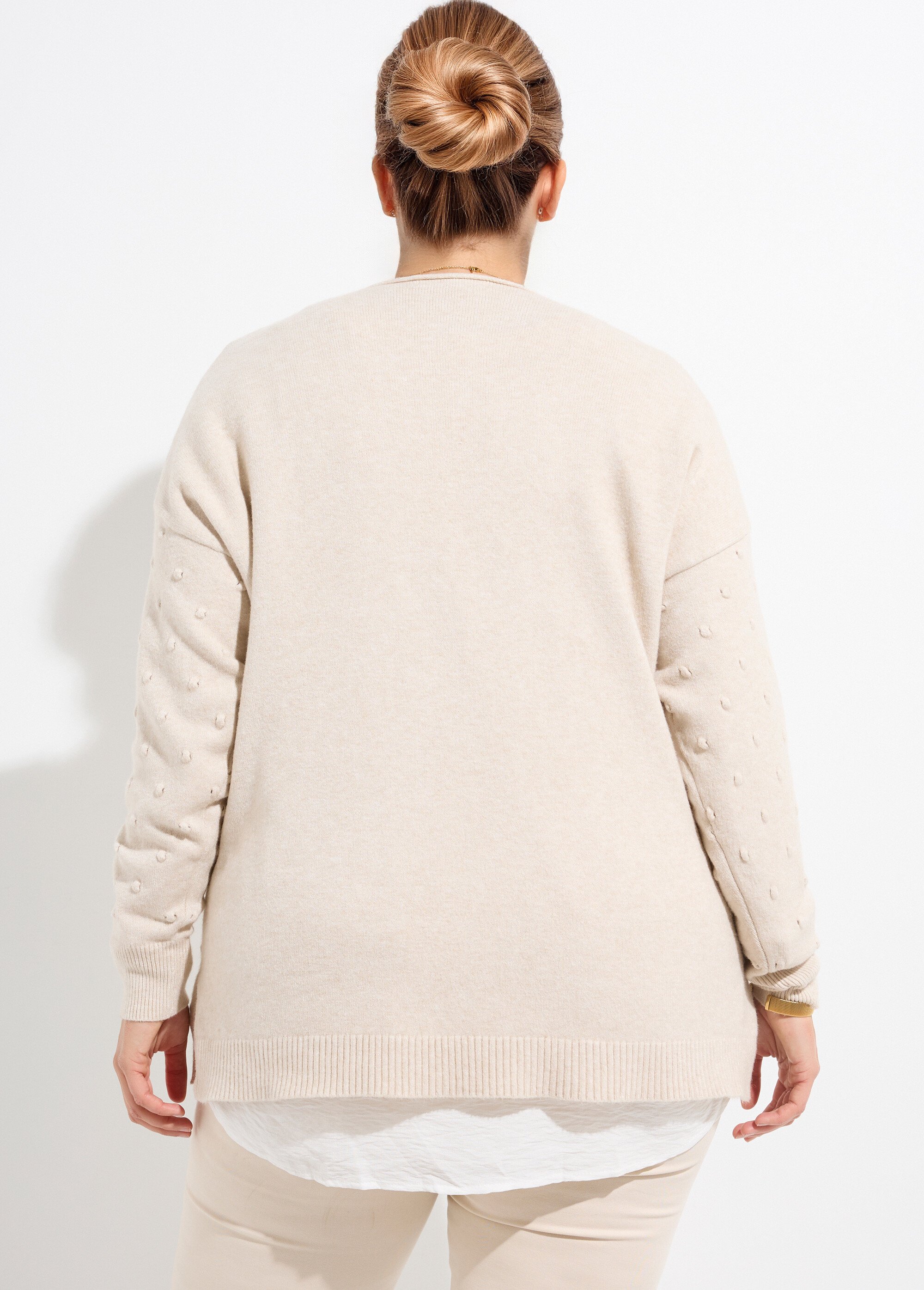 Pull col V maille fantaisie à pois Femme Grande Taille Beige CHY-2268 DO1