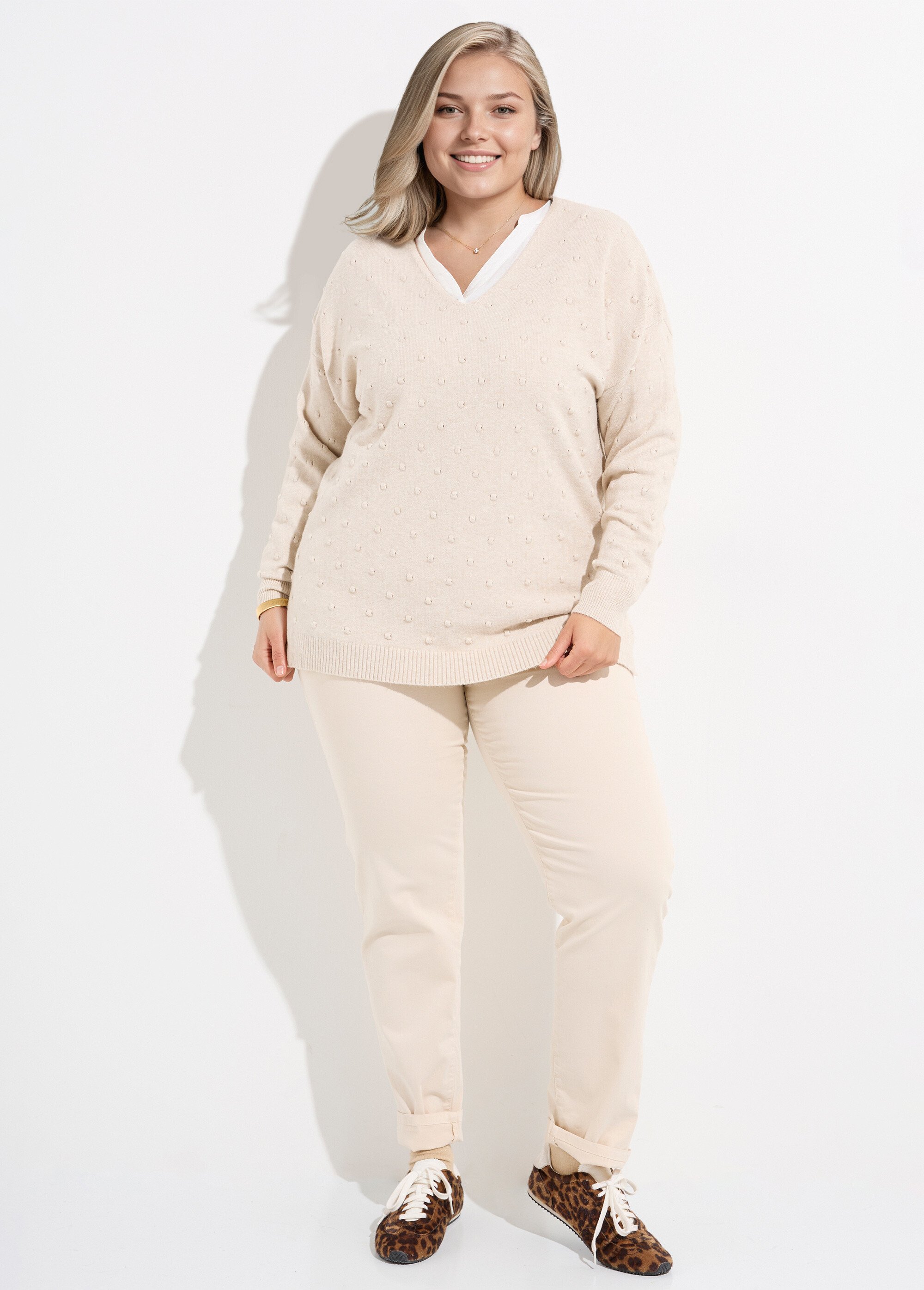 Pull col V maille fantaisie à pois Femme Grande Taille Beige CHY-2268 SF1