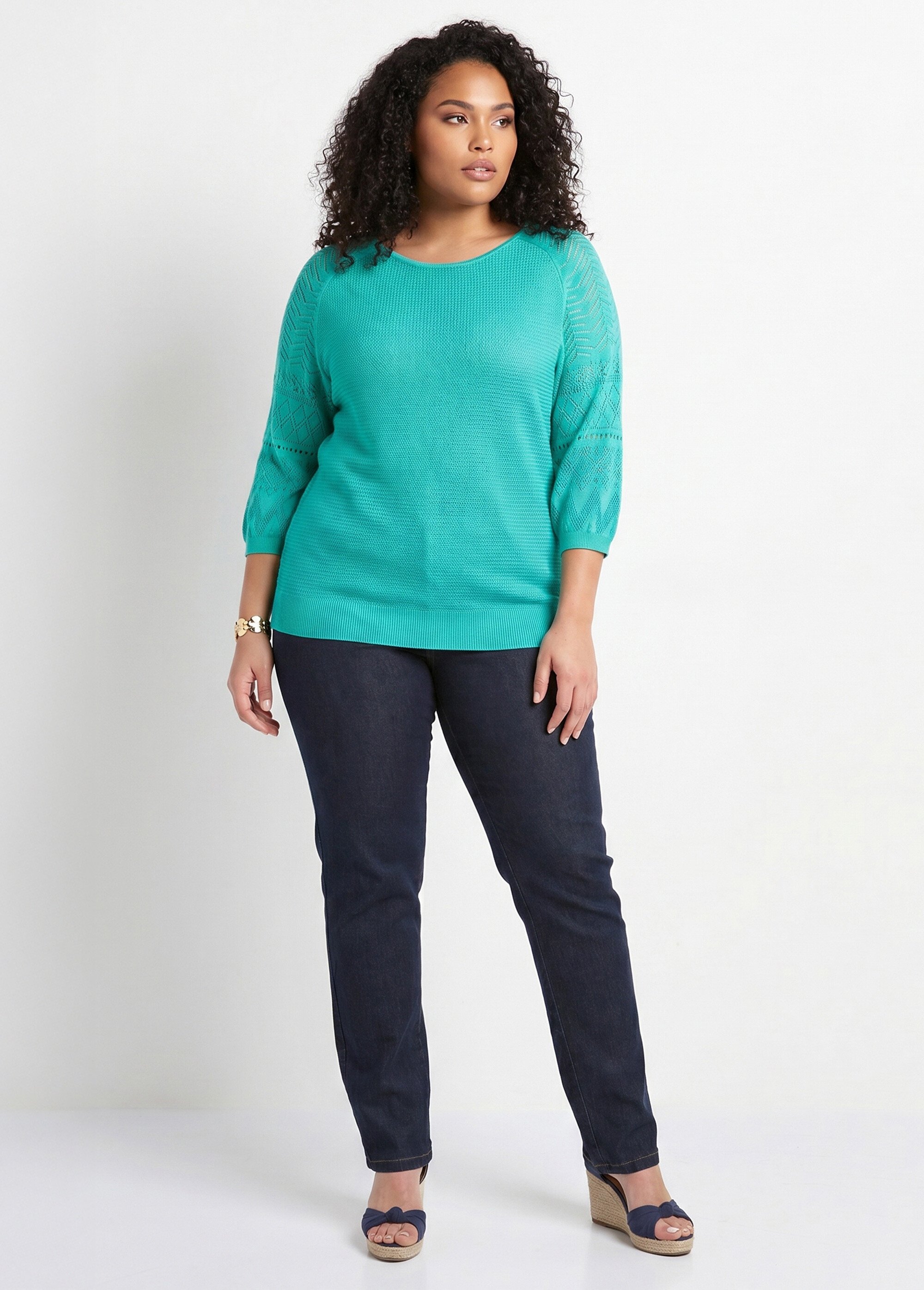 Pull léger manches 3/4 raglan col rond Femme Grande Taille Vert MARENA SI1