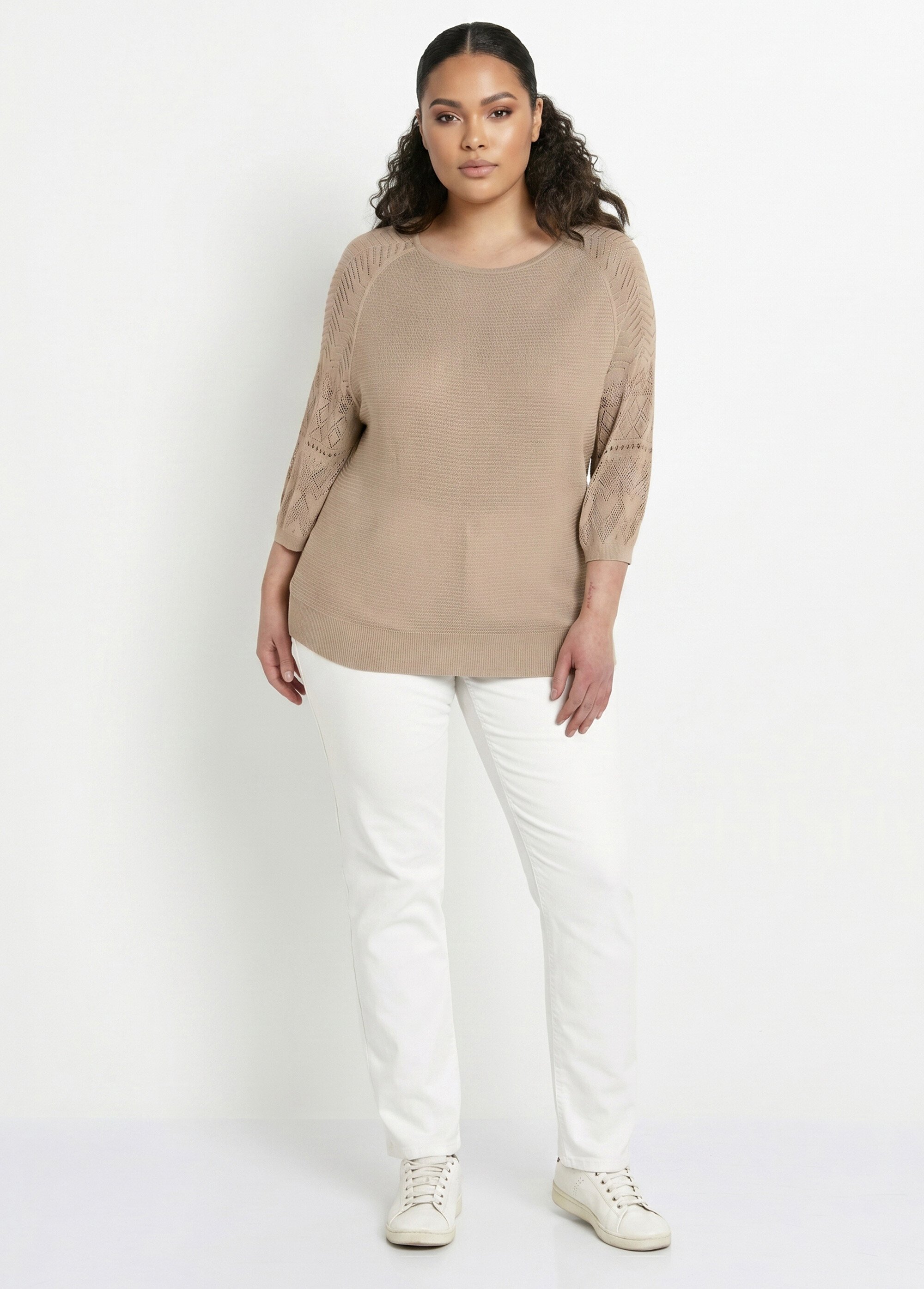 Pull léger manches 3/4 raglan col rond Femme Grande Taille Beige MARENA SI1