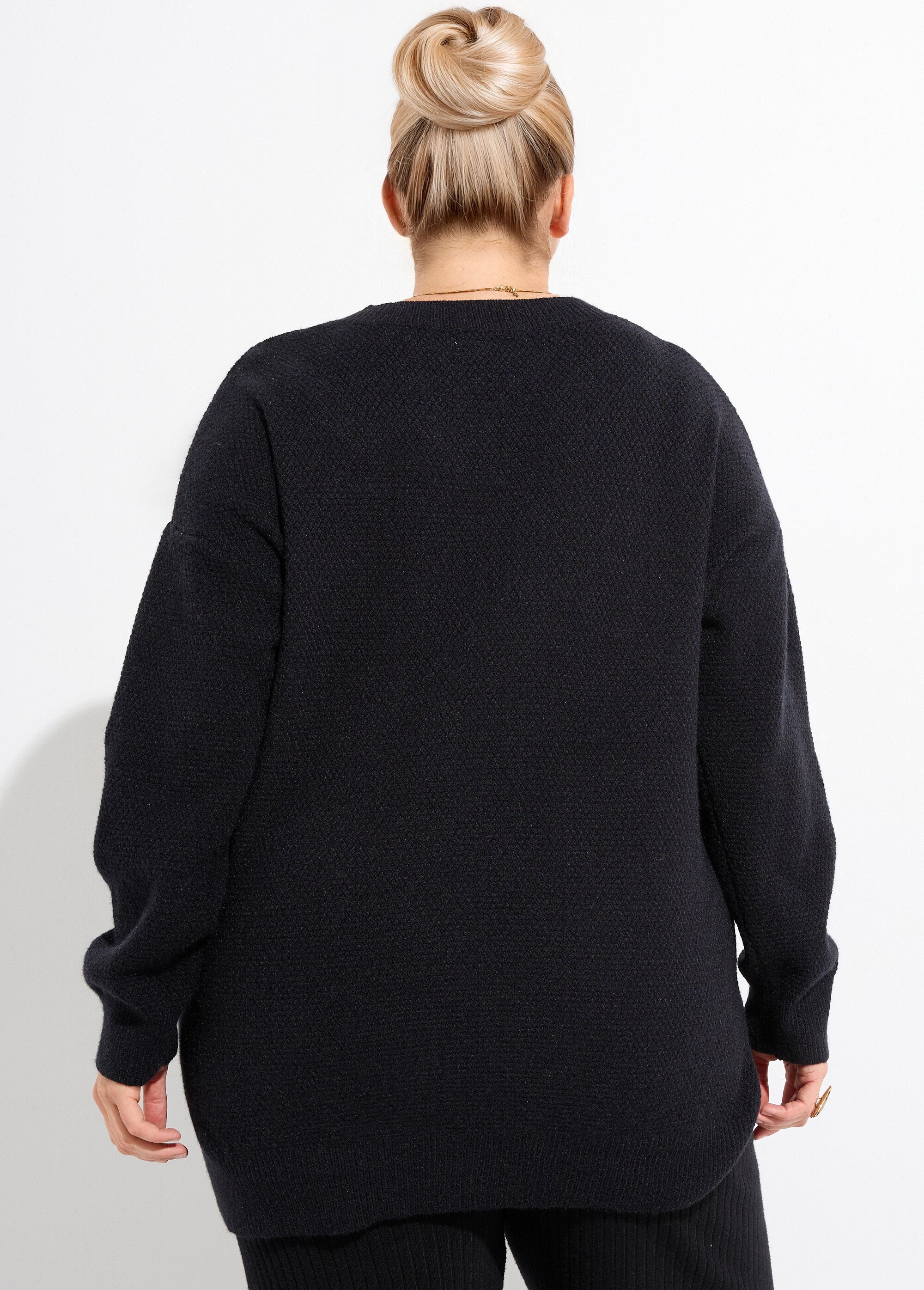 Pull tunique maille fantaisie, col V Femme Grande Taille Noir CHY-HS33116 DO1