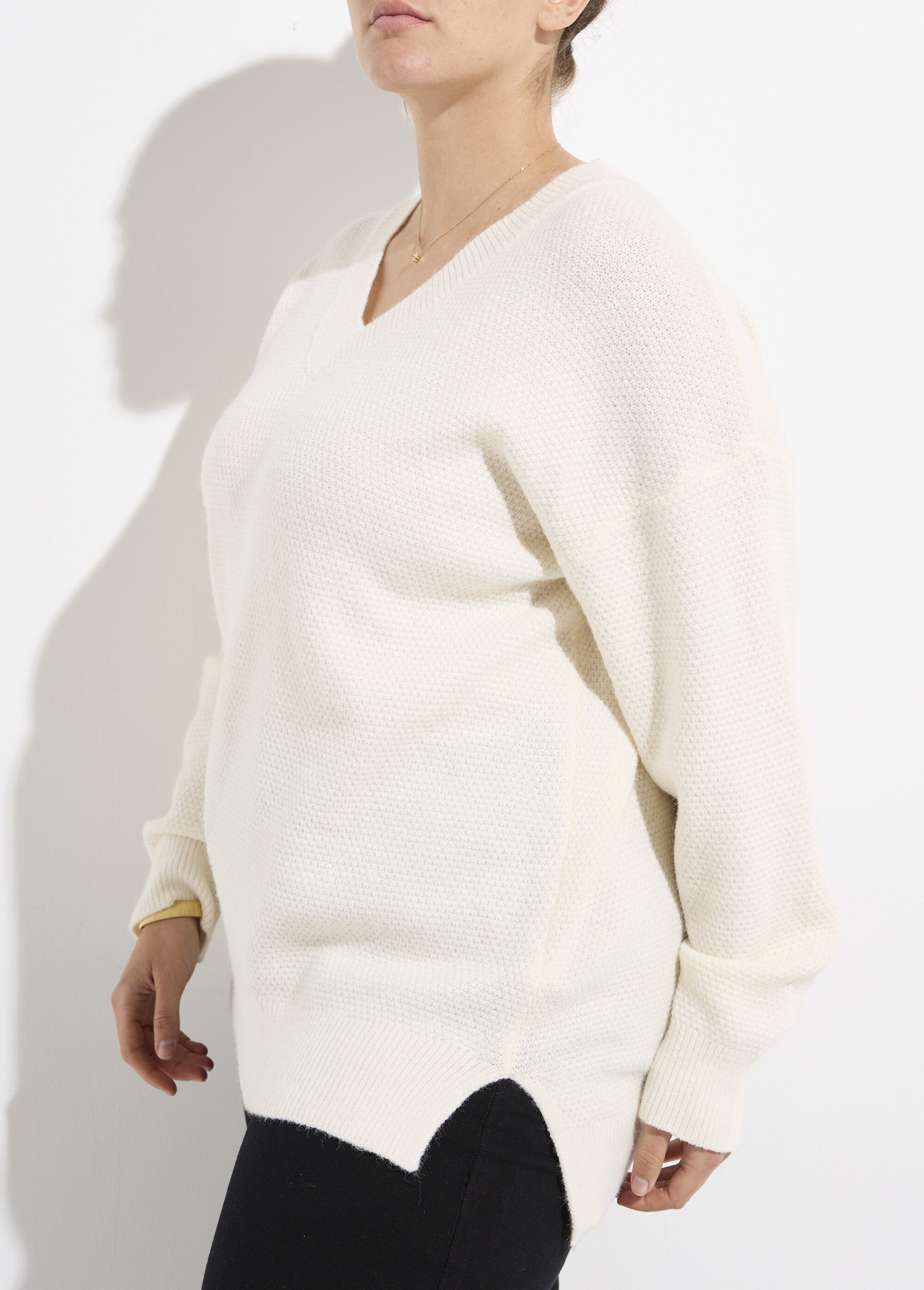 Pull tunique maille fantaisie, col V Femme Grande Taille Beige CHY-HS33116 DE1