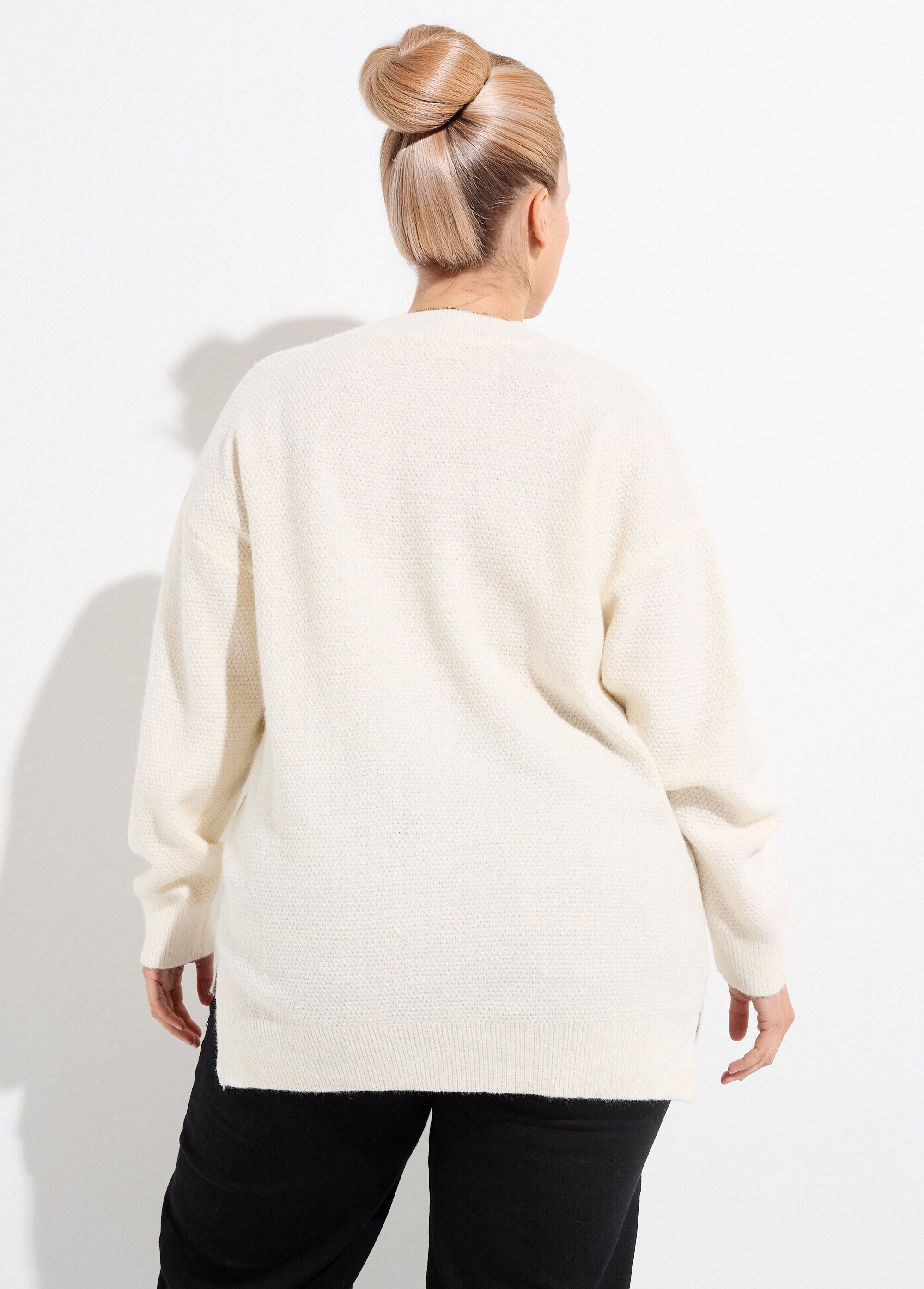 Pull tunique maille fantaisie, col V Femme Grande Taille Beige CHY-HS33116 DO1