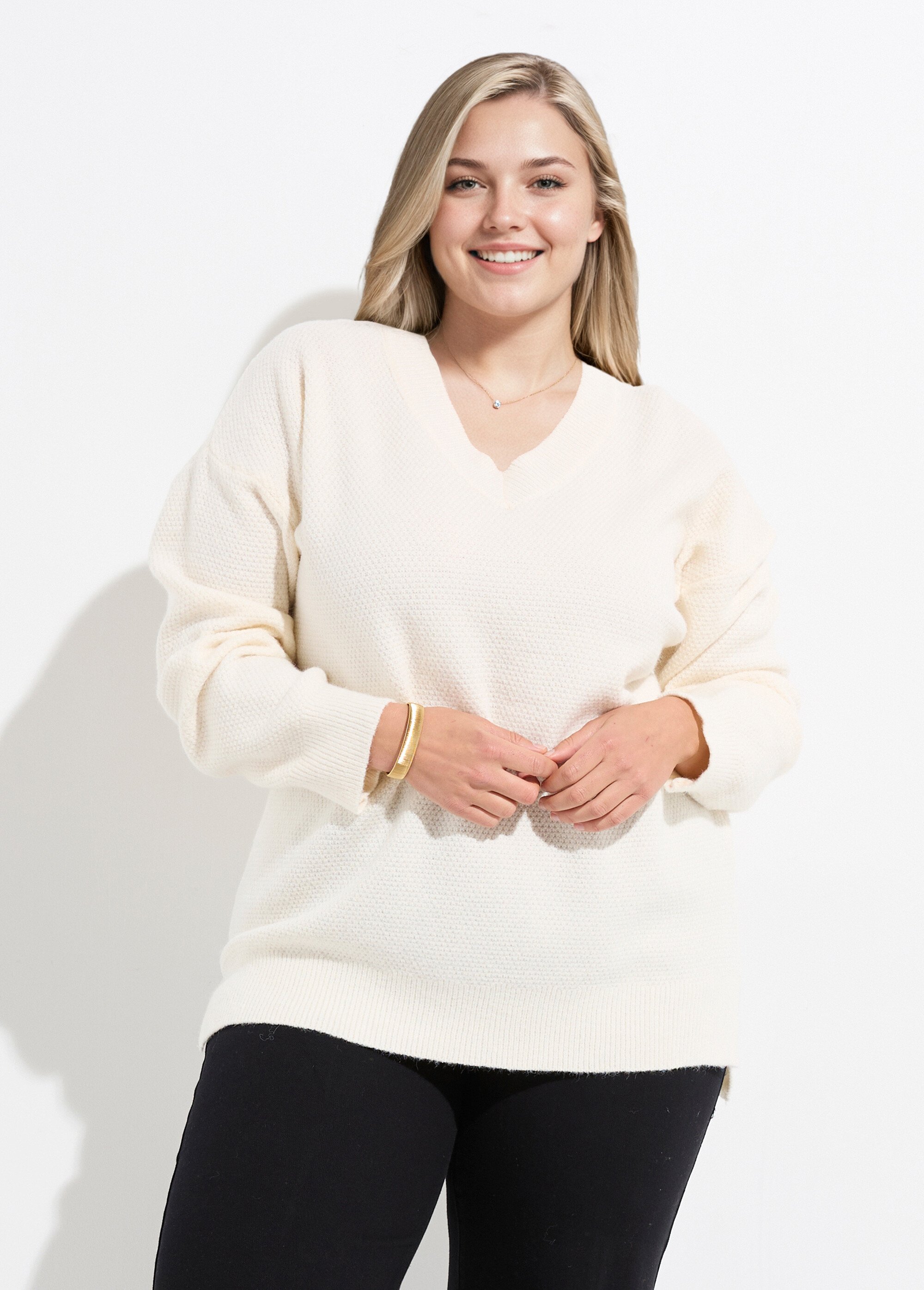 Pull tunique maille fantaisie, col V Femme Grande Taille Beige CHY-HS33116 FA1
