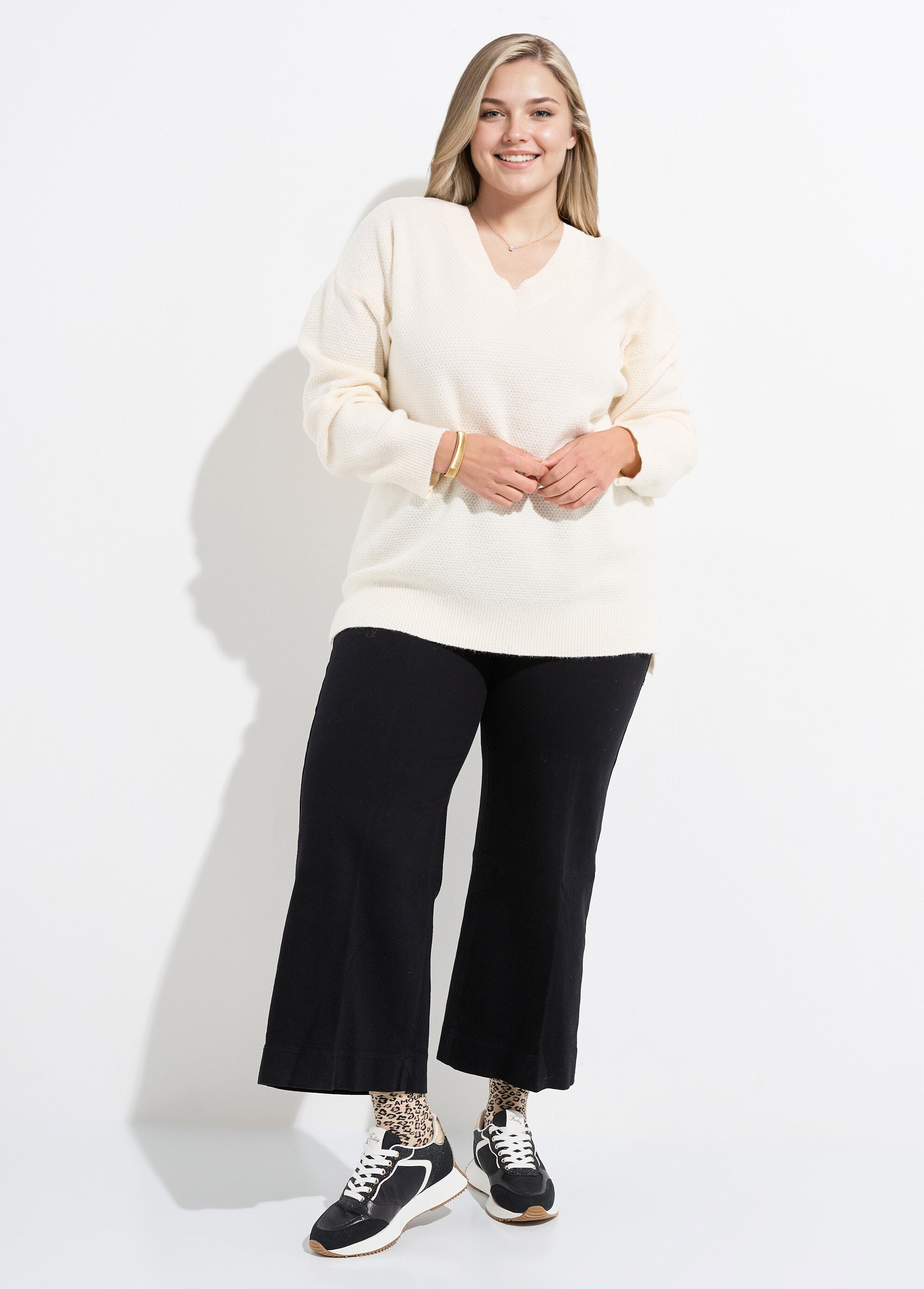 Pull tunique maille fantaisie, col V Femme Grande Taille Beige CHY-HS33116 SF1