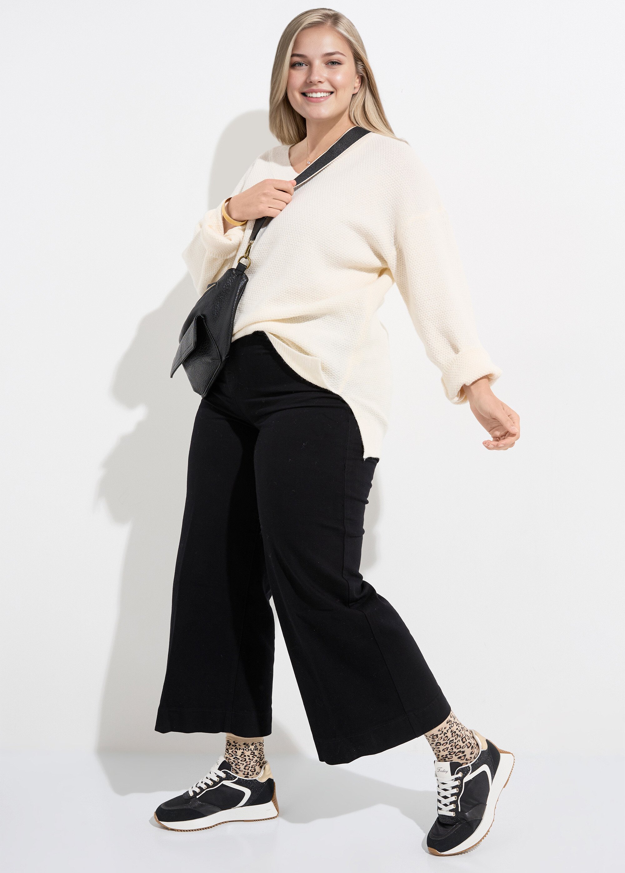 Pull tunique maille fantaisie, col V Femme Grande Taille Beige CHY-HS33116 SI1