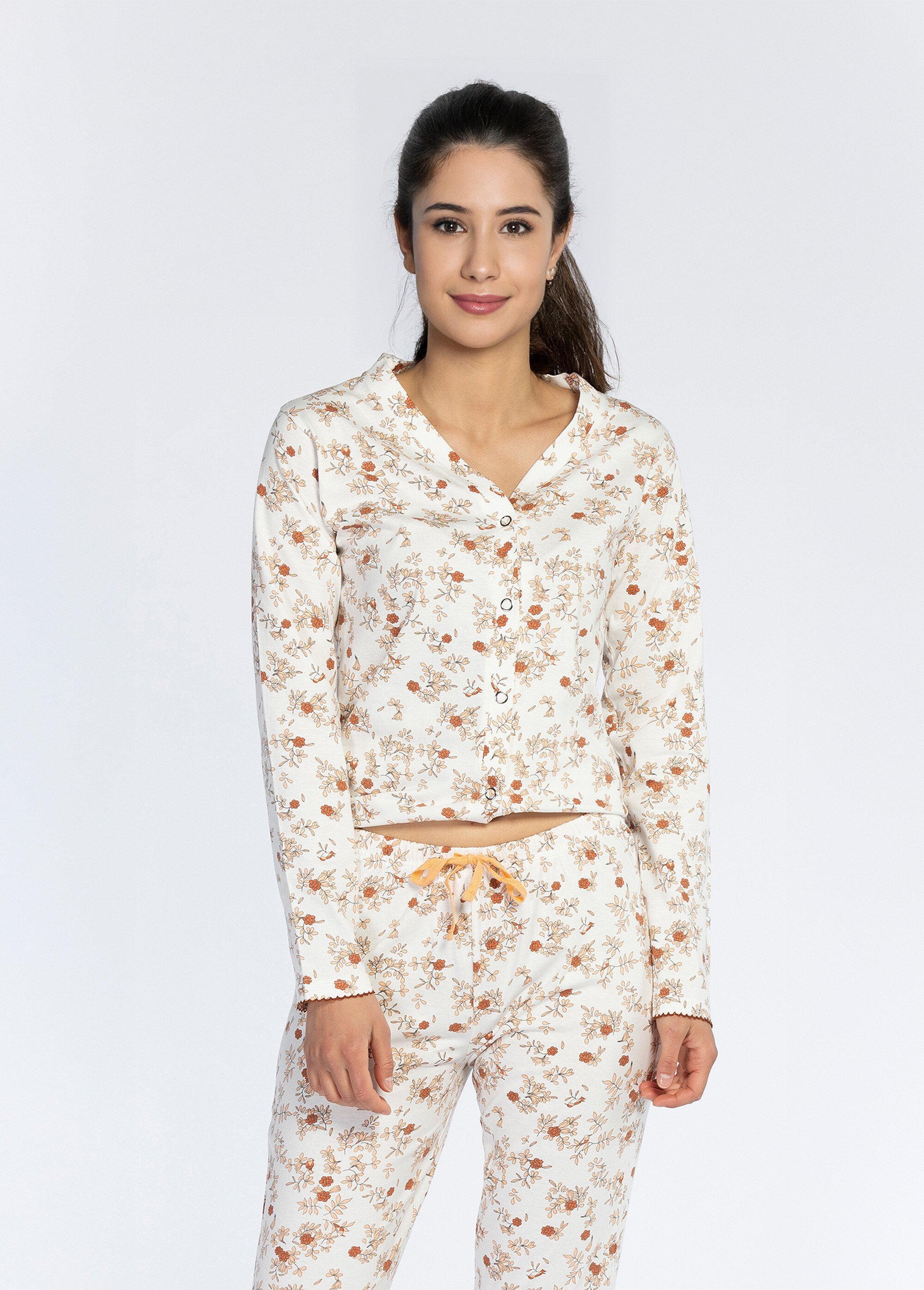Pyjama long boutonné motif fleuri Femme Rose CTMBE.BOU.PYGT DE1