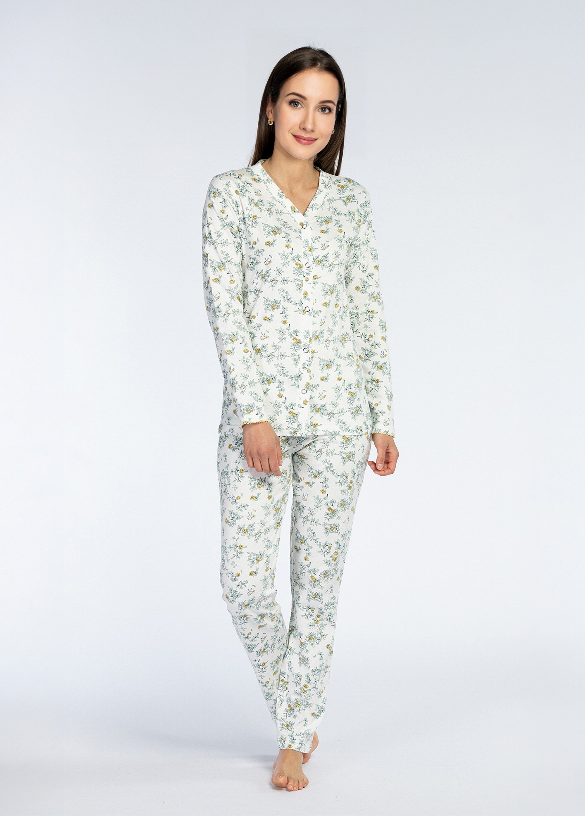 Pyjama long boutonné motif fleuri