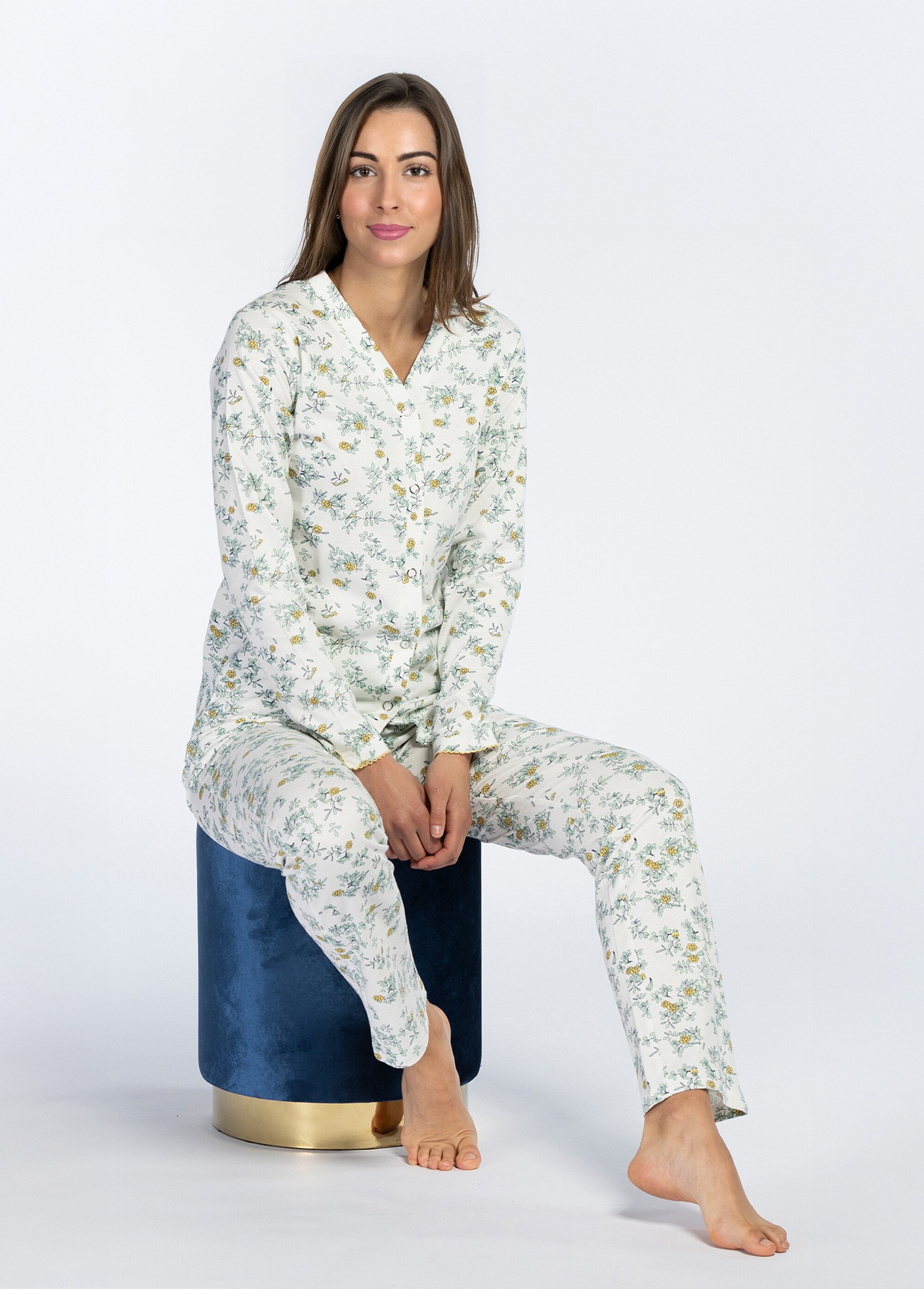 Pyjama long boutonné motif fleuri Femme Vert CTMBE.BOU.PYGT SI1