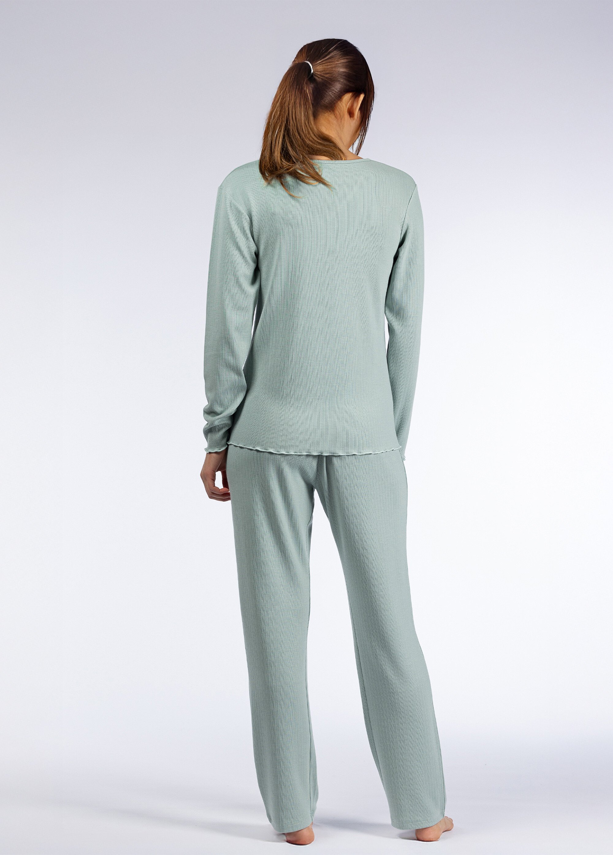 Pyjama long uni col V pointelle