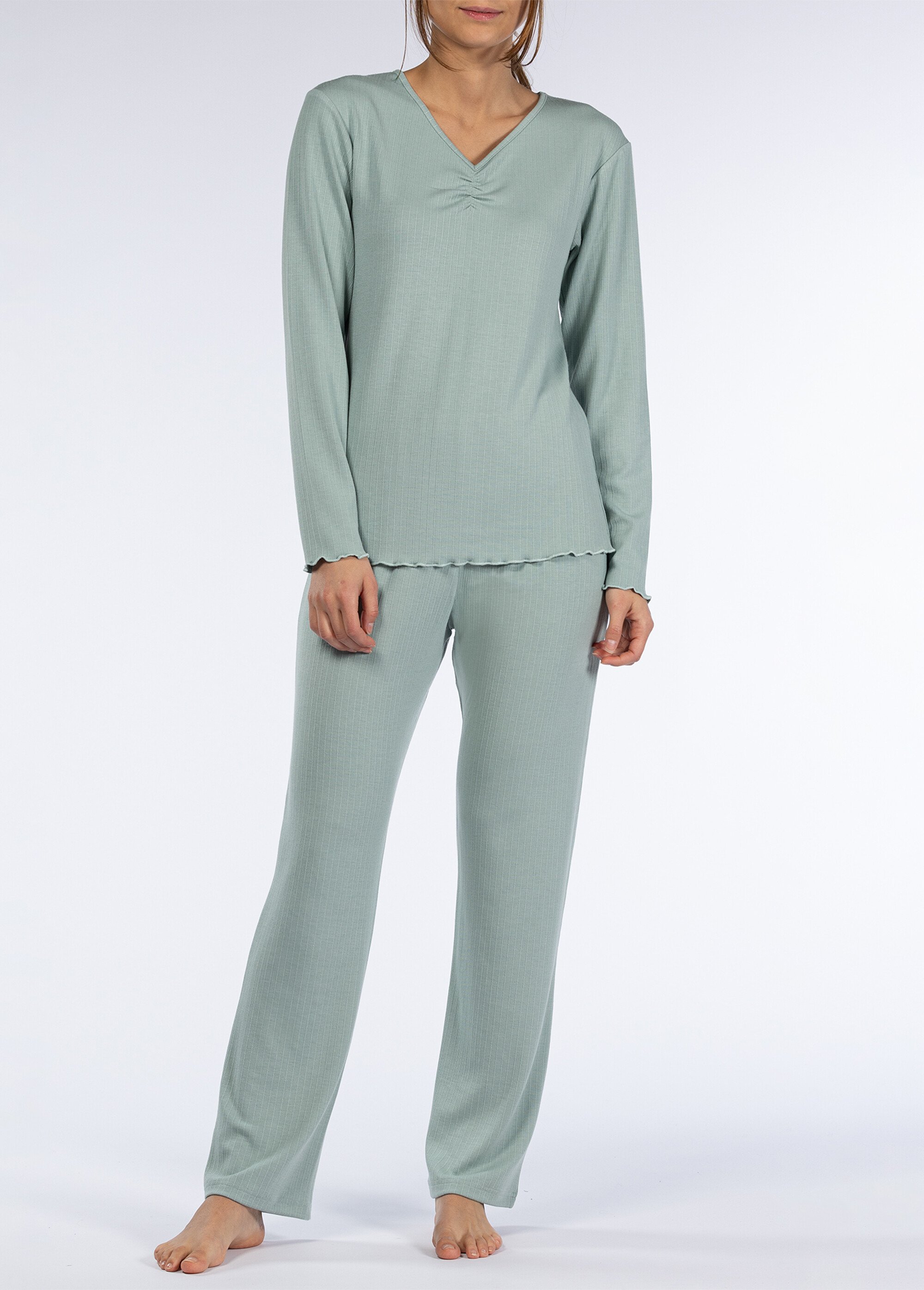 Pyjama long uni col V pointelle