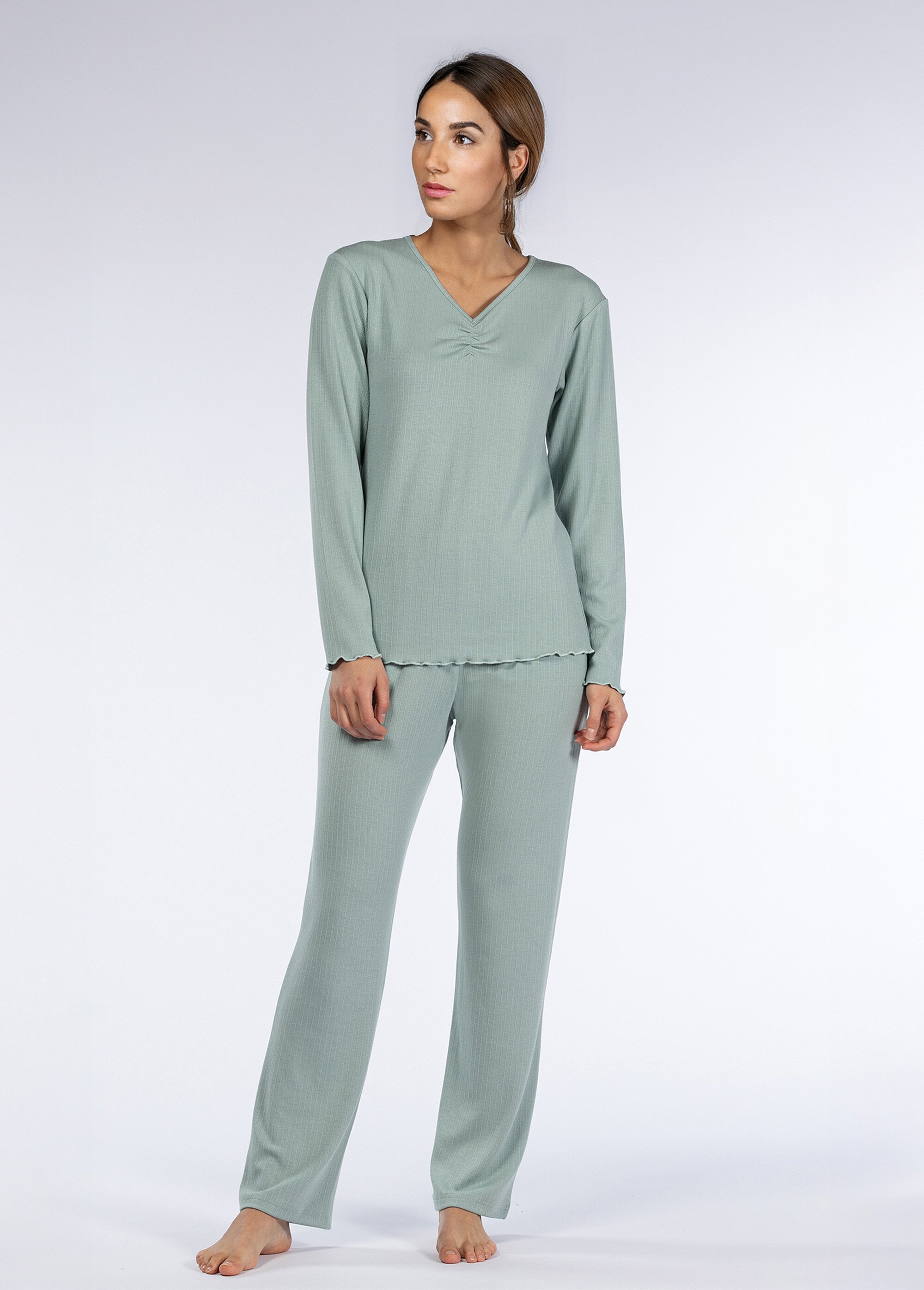 Pyjama long uni col V pointelle