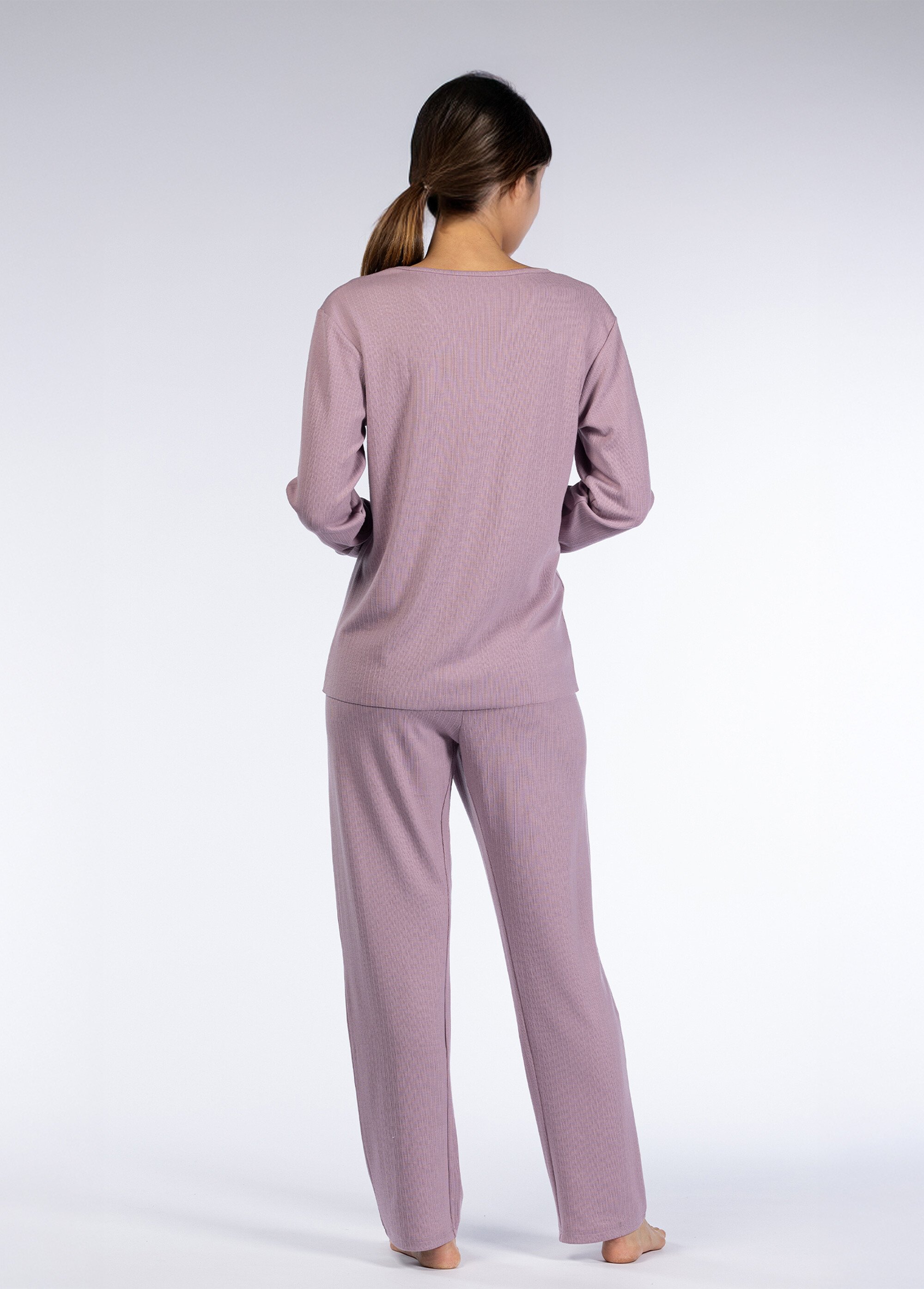 Pyjama long uni col V pointelle