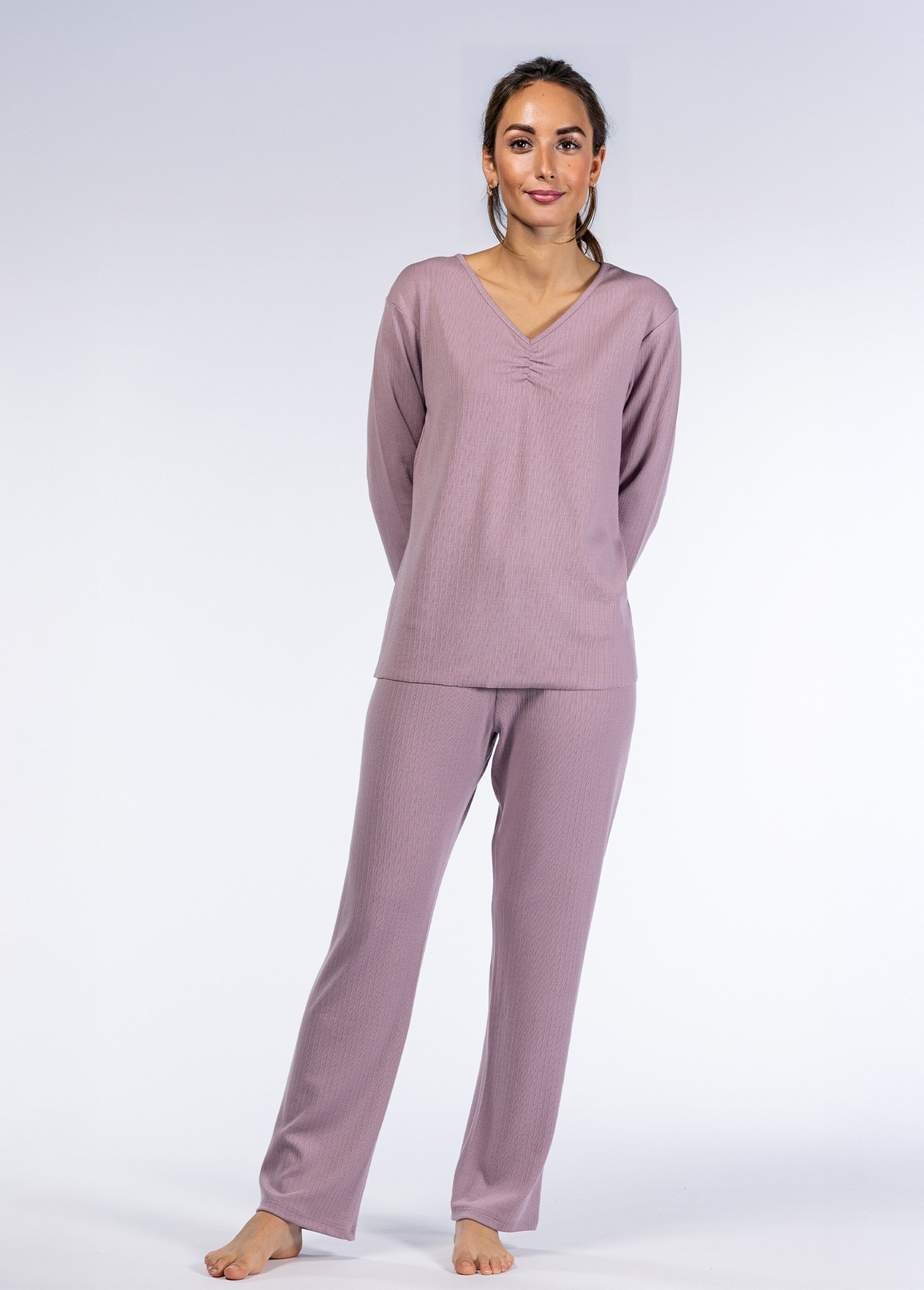 Pyjama long uni col V pointelle