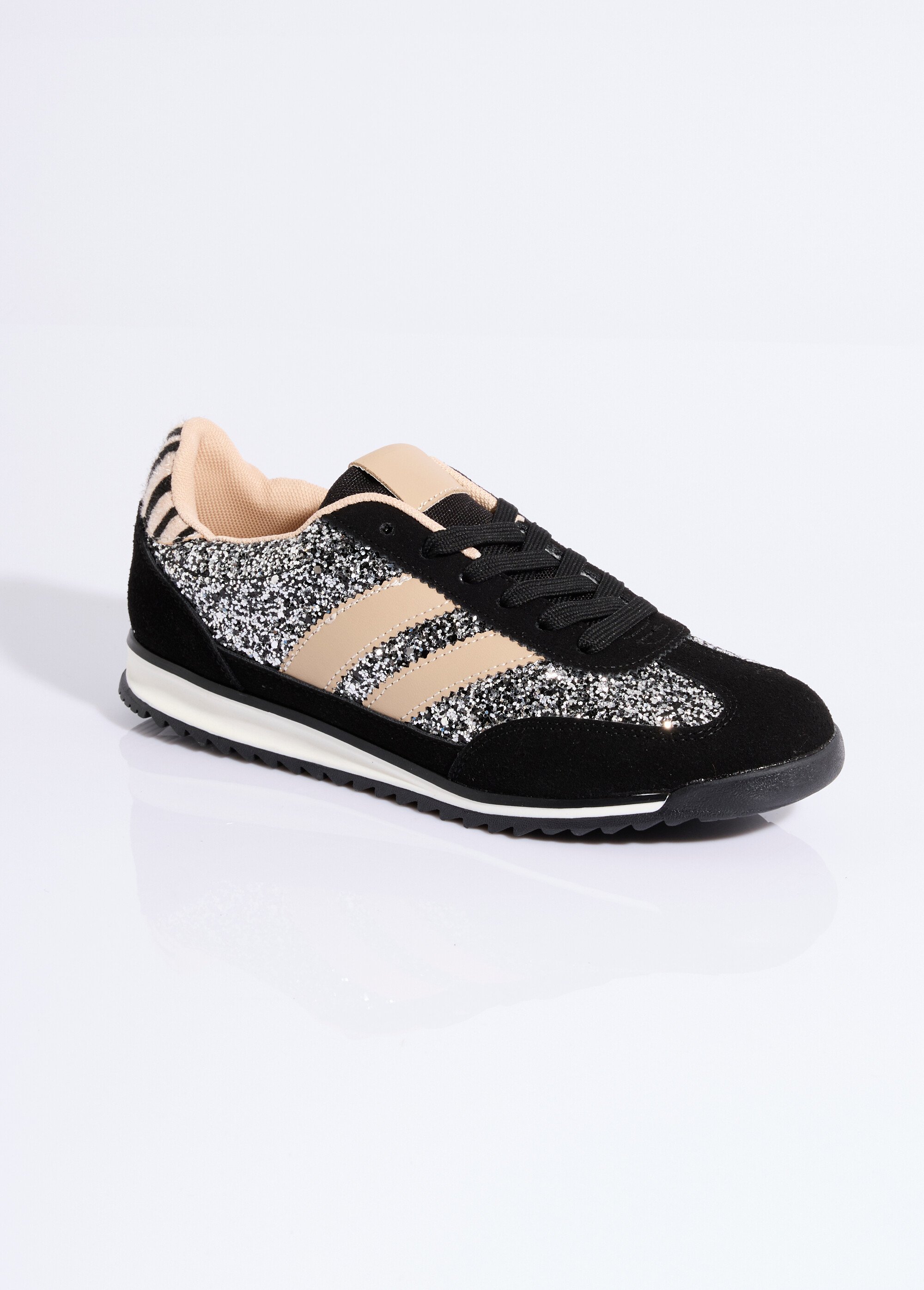Sneakers inspiration rétro, à paillettes Femme Noir ERY-9177 FA1