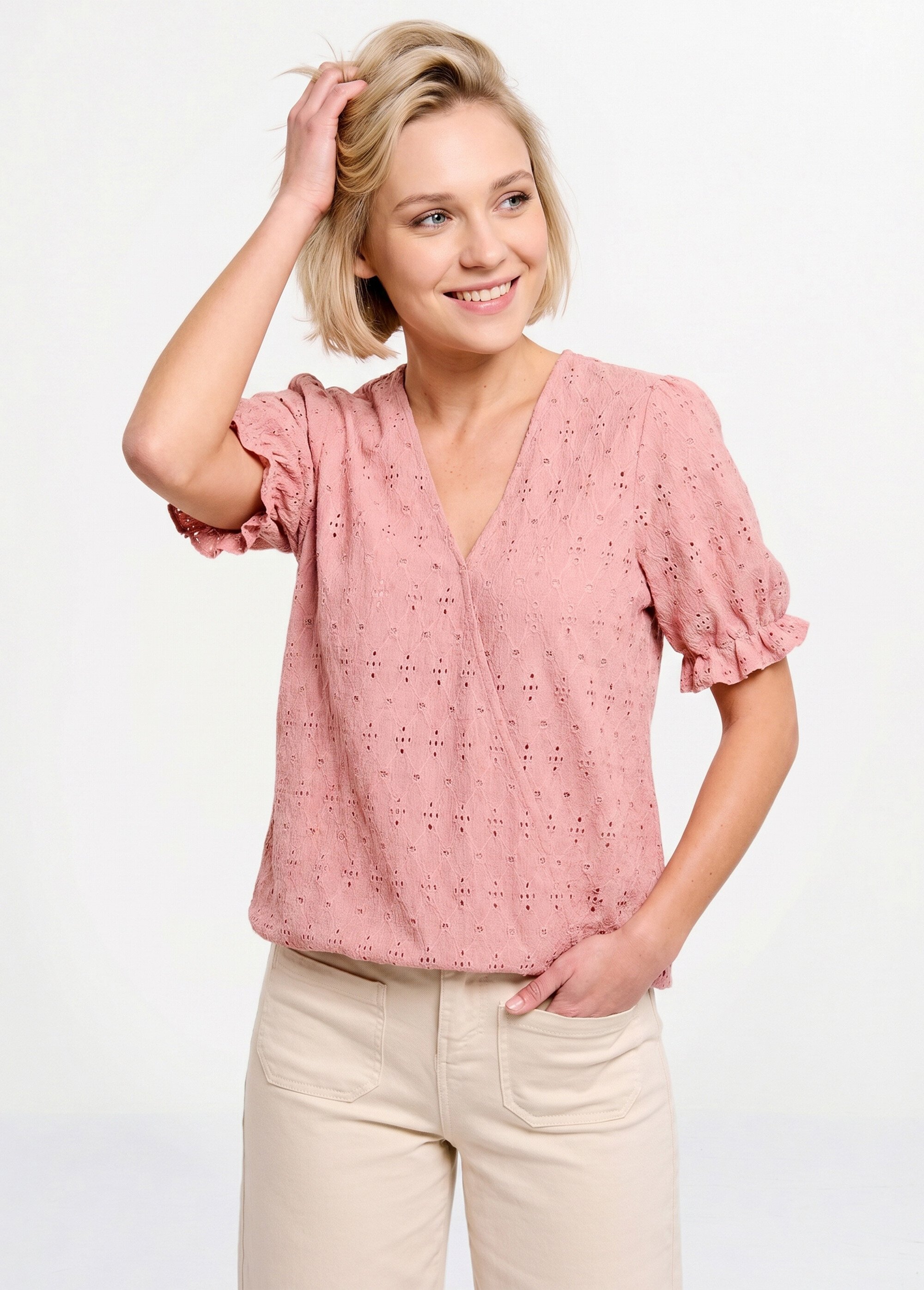 T-shirt cache-coeur blousant broderie Femme Rose CAMARILLA MV1