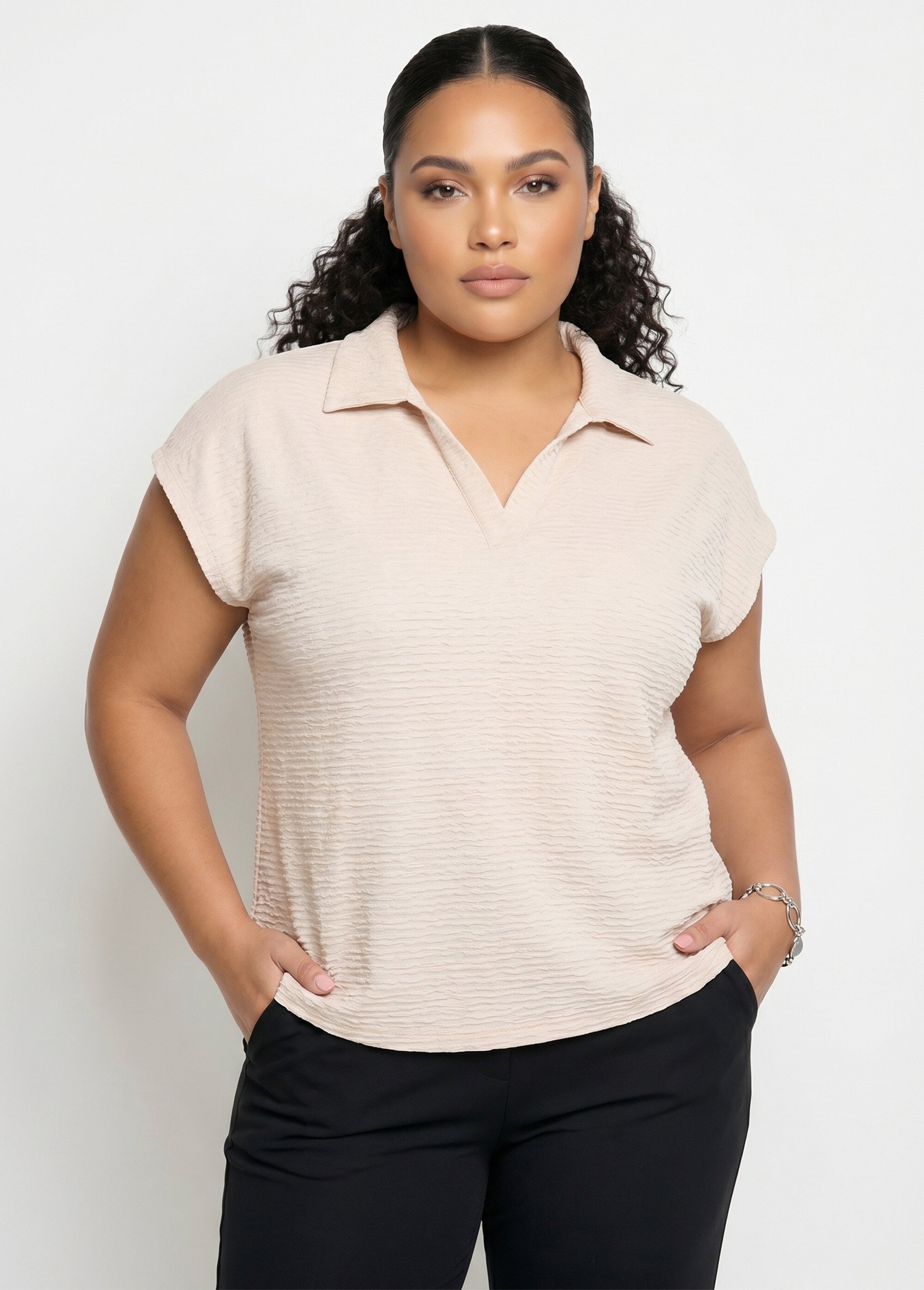 T-shirt col chemise uni manches courtes