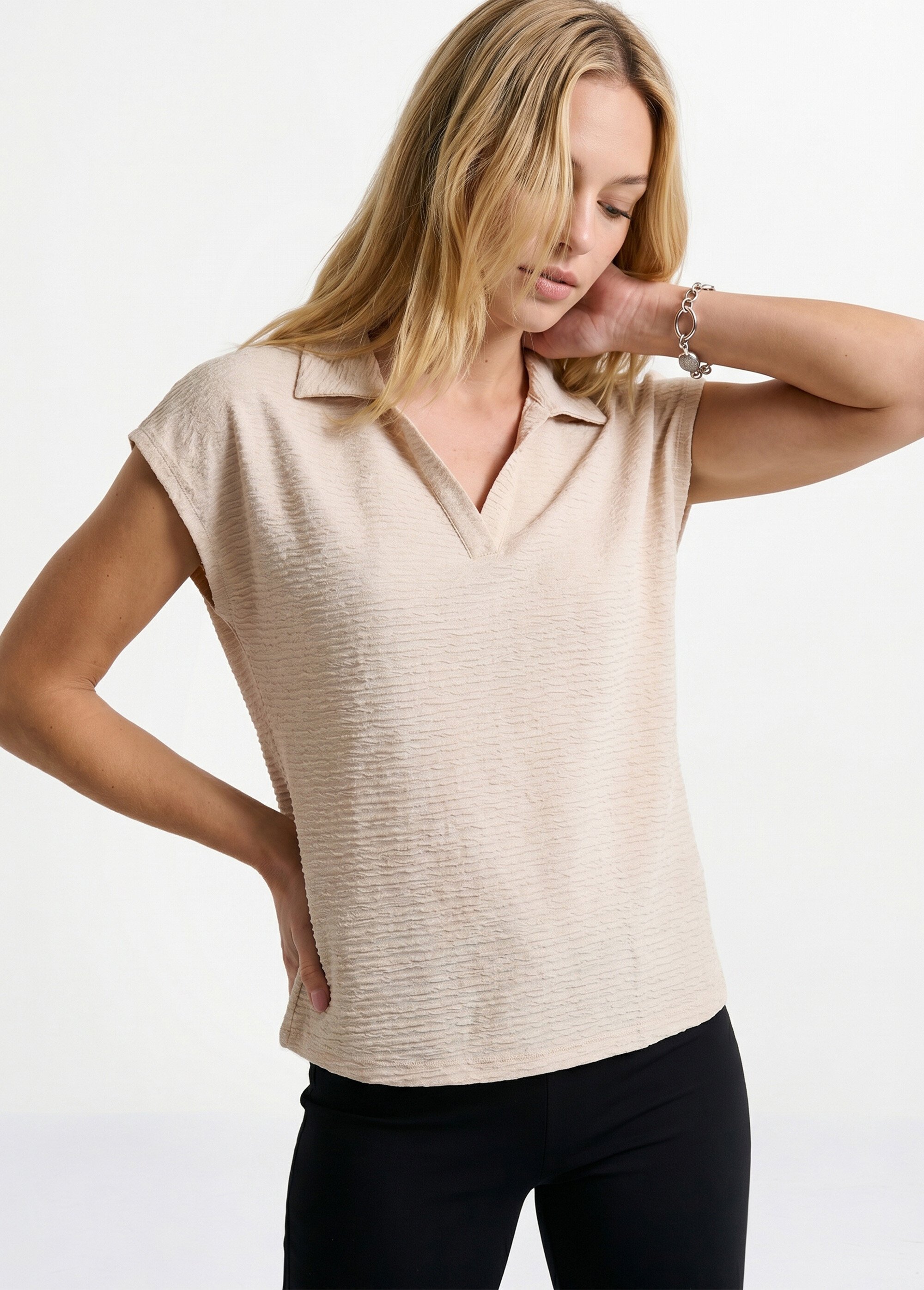 T-shirt col chemise uni manches courtes
