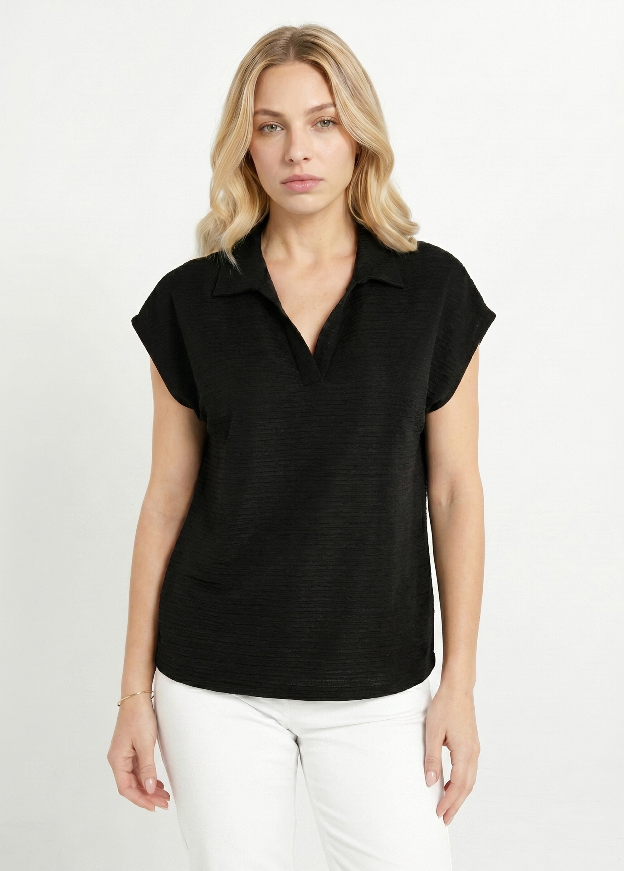 T-shirt col chemise uni manches courtes Femme Noir CADOR FA1
