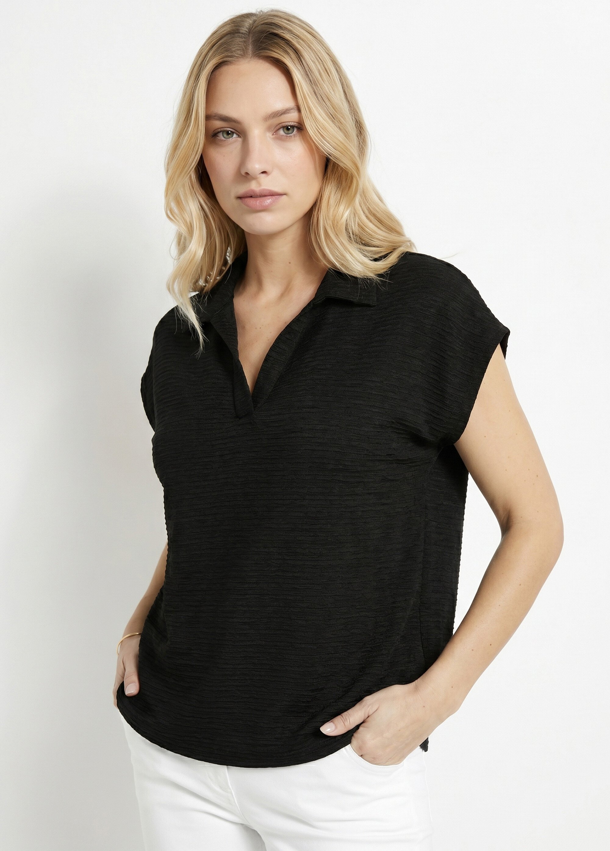 T-shirt col chemise uni manches courtes