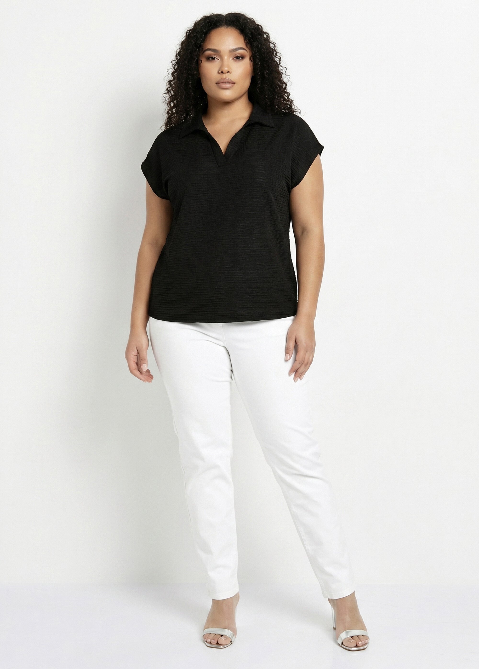 T-shirt col chemise uni manches courtes Femme Grande Taille Noir CADOR SI1