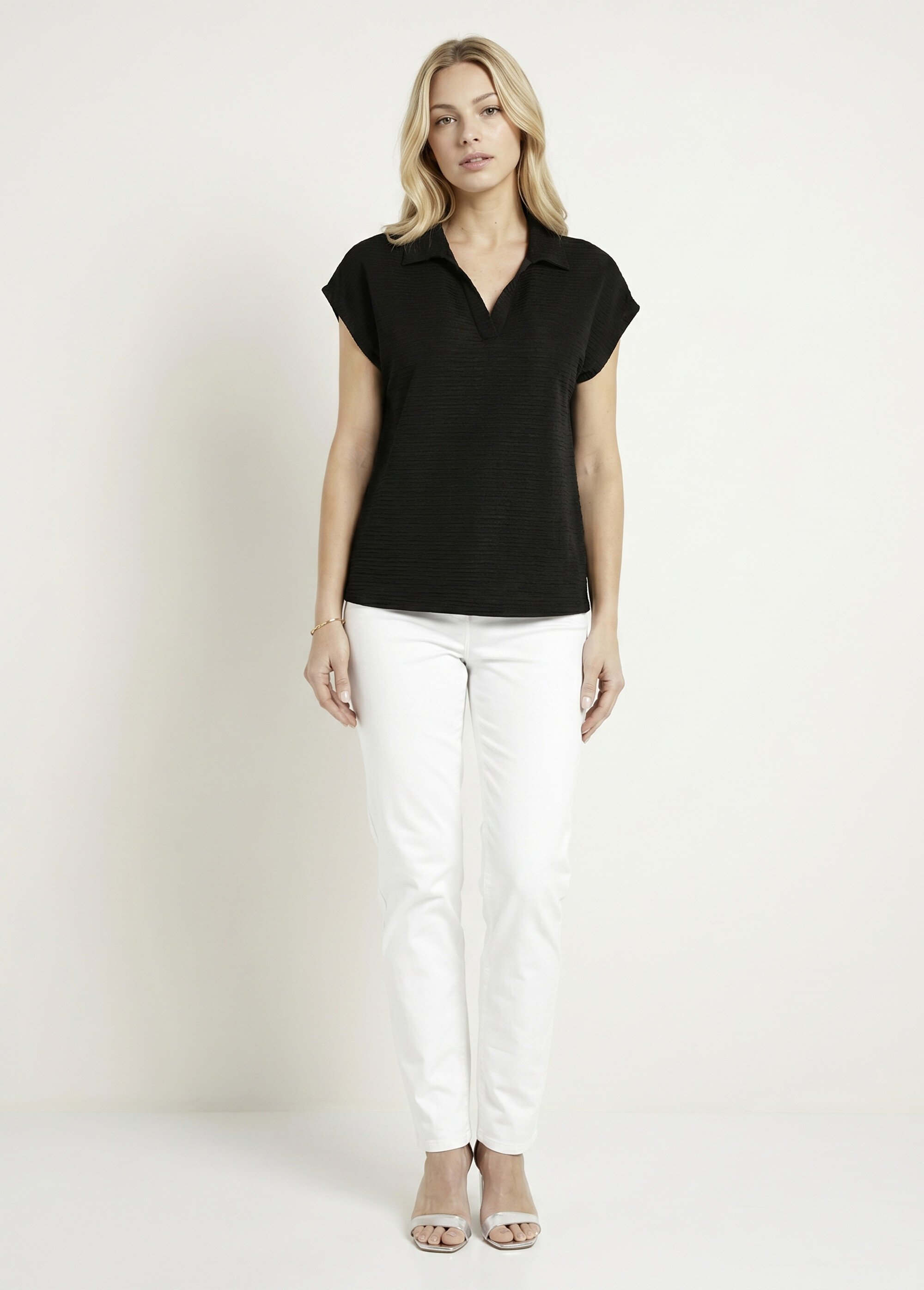 T-shirt col chemise uni manches courtes Femme Noir CADOR SI1
