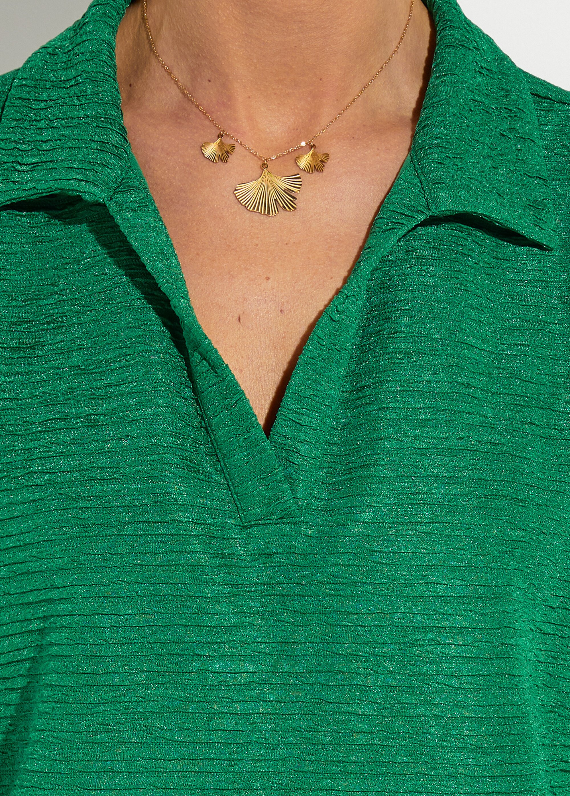 T-shirt col chemise uni manches courtes Femme Vert CADOR DE1