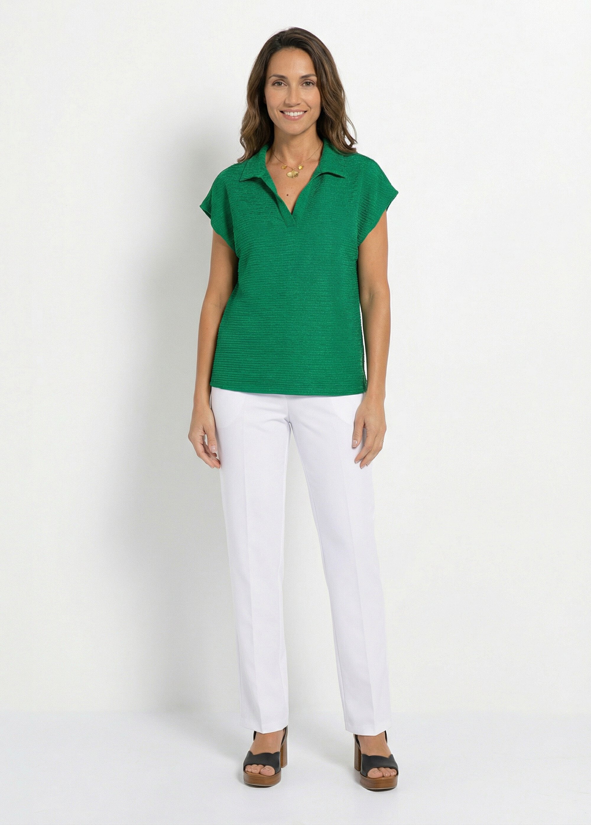 T-shirt col chemise uni manches courtes Femme Vert CADOR SF1