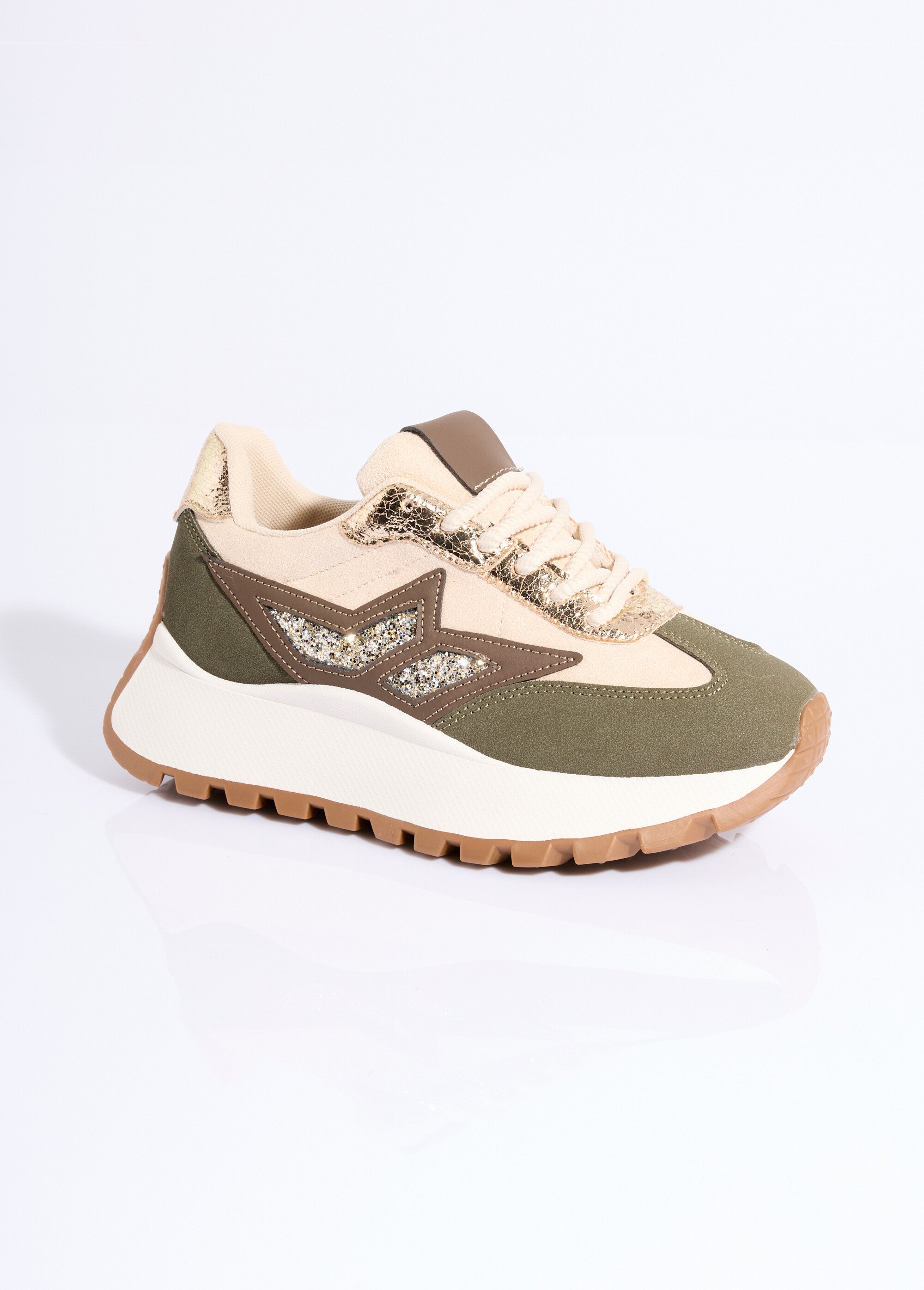 Baskets multimatières semelle compensée Femme Vert ERY9160 FA1