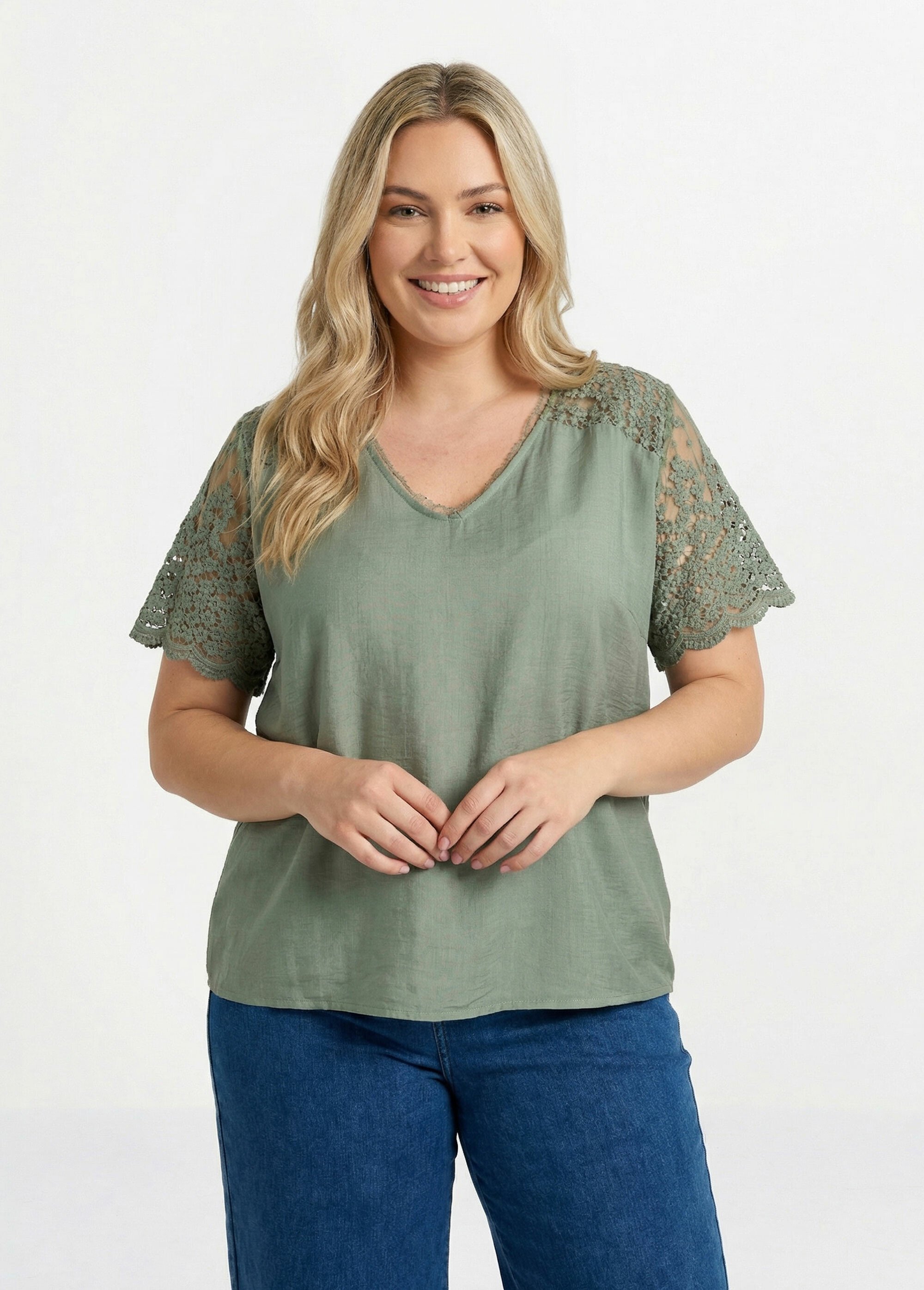 Blouse dos en dentelle + détail goutte Femme Grande Taille Vert MA-M610-1539 FA1