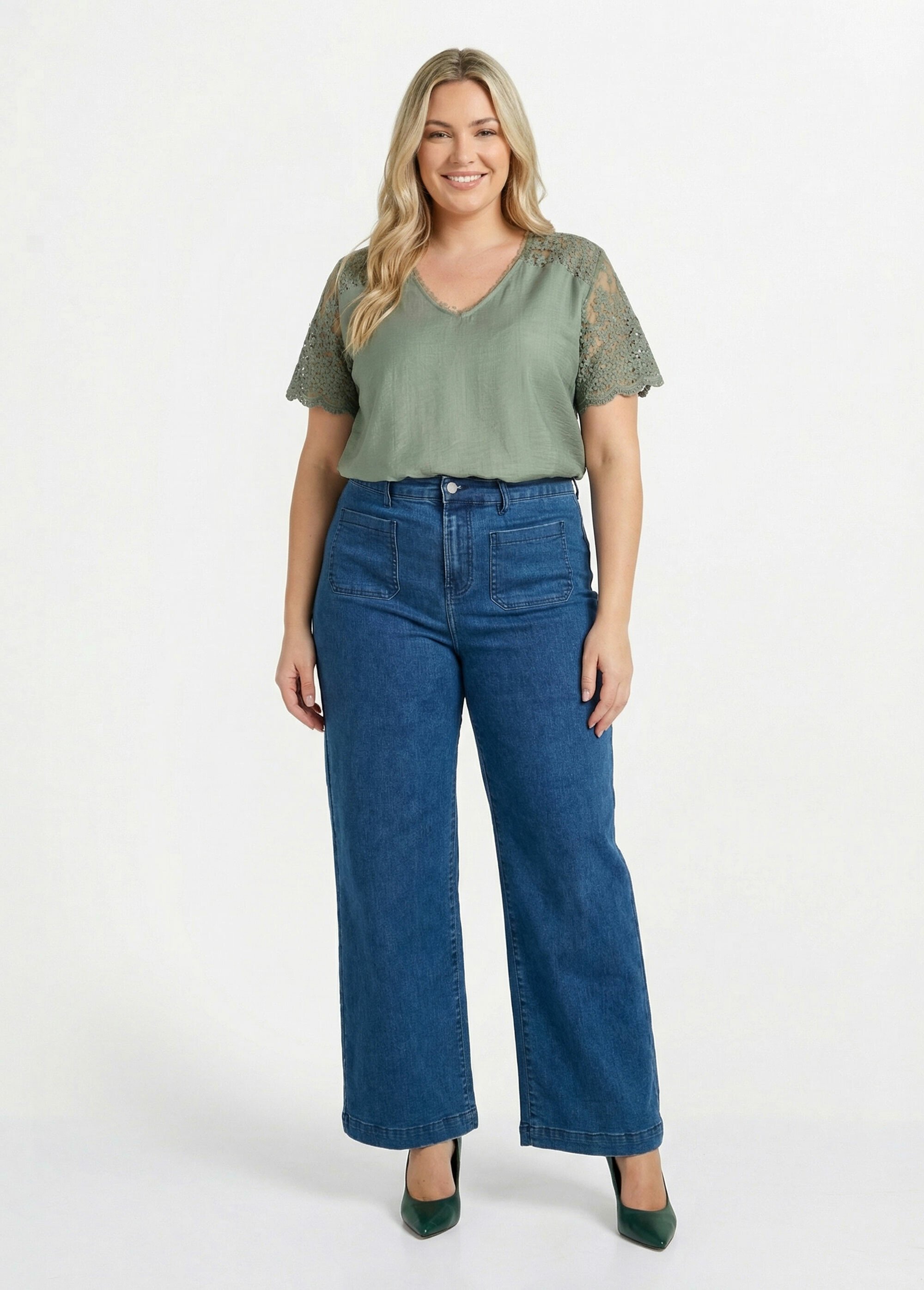 Blouse dos en dentelle + détail goutte Femme Grande Taille Vert MA-M610-1539 SF1