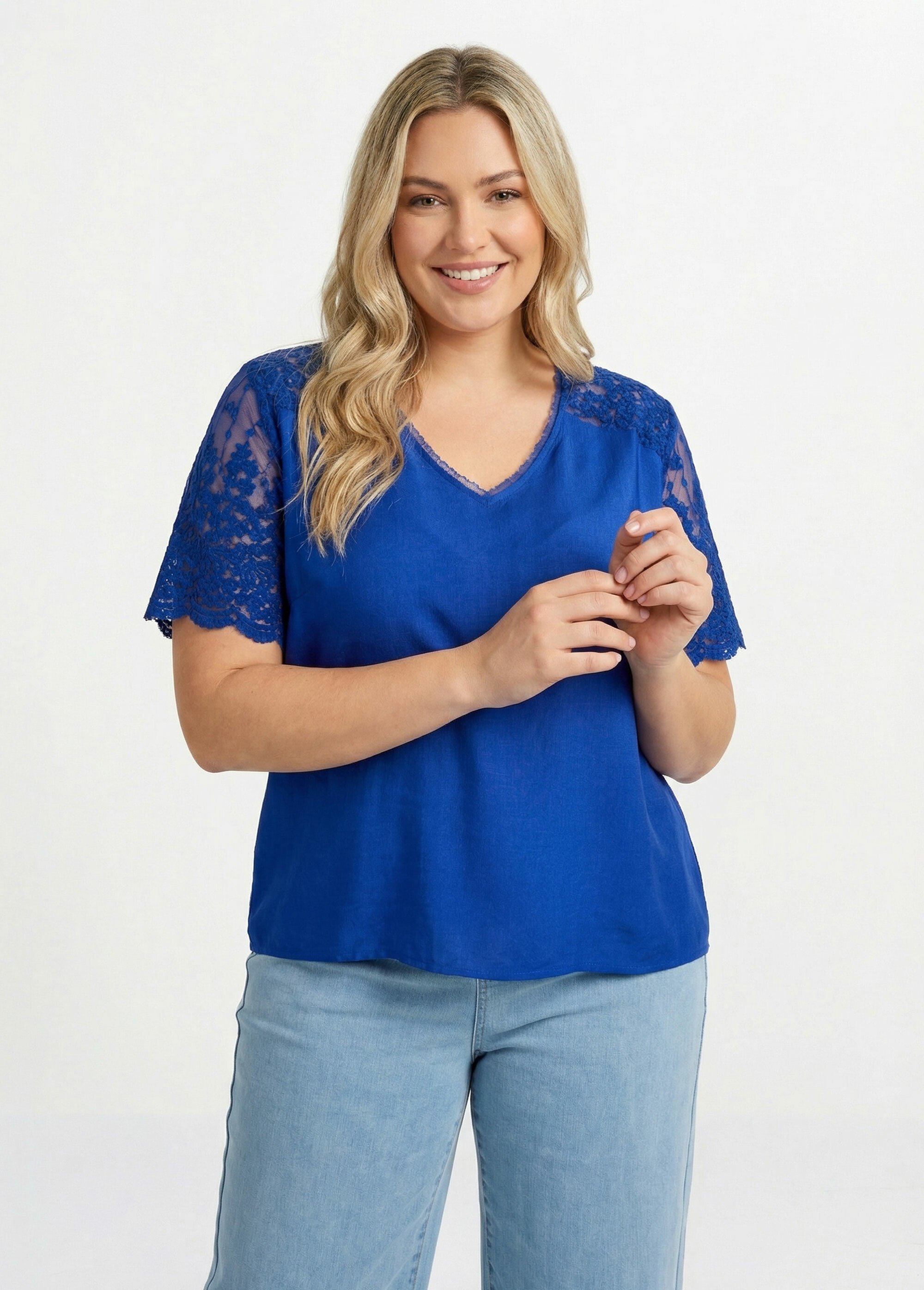 Blouse dos en dentelle + détail goutte Femme Grande Taille Bleu MA-M610-1539 FA1