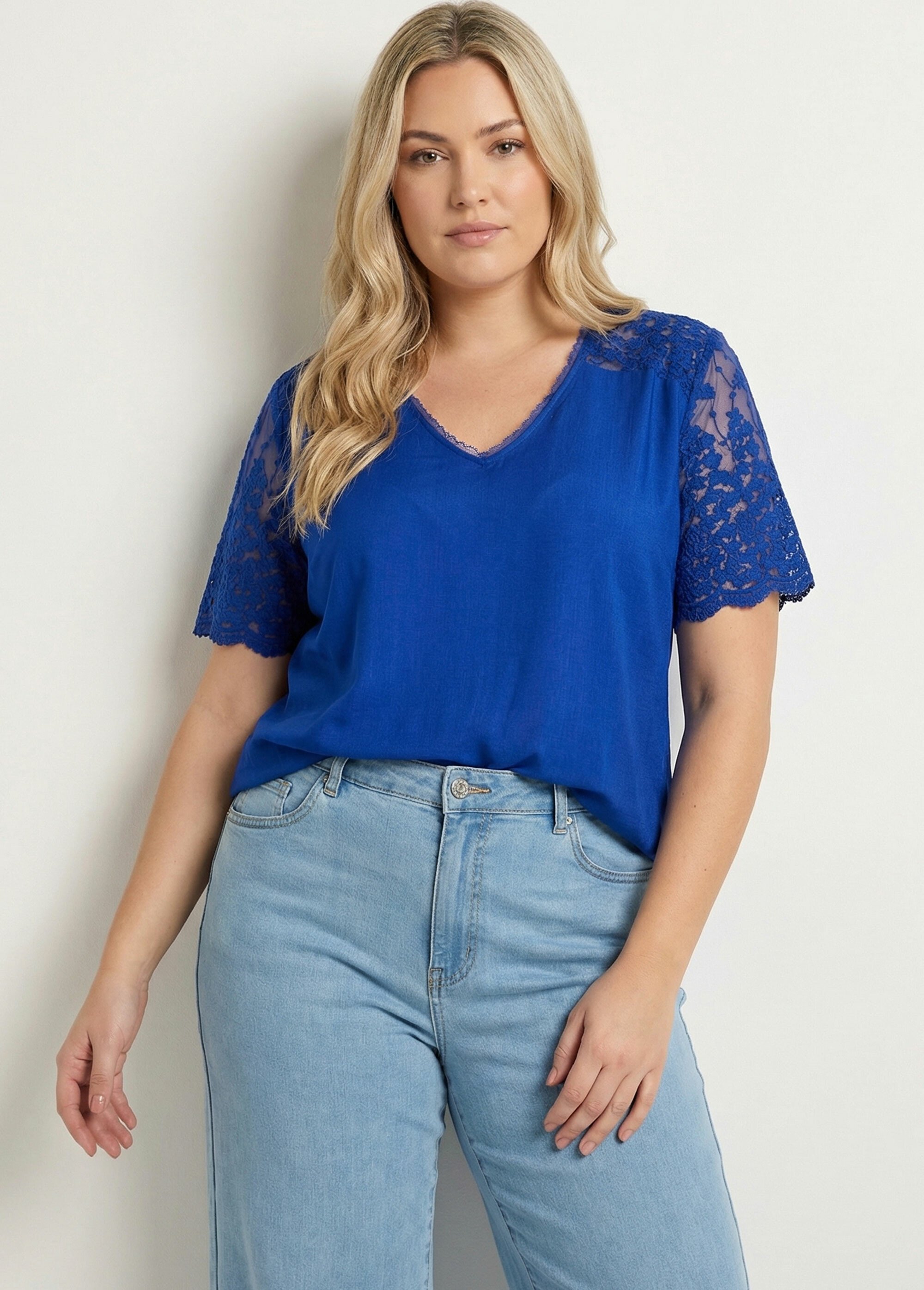 Blouse dos en dentelle + détail goutte Femme Grande Taille Bleu MA-M610-1539 MV1