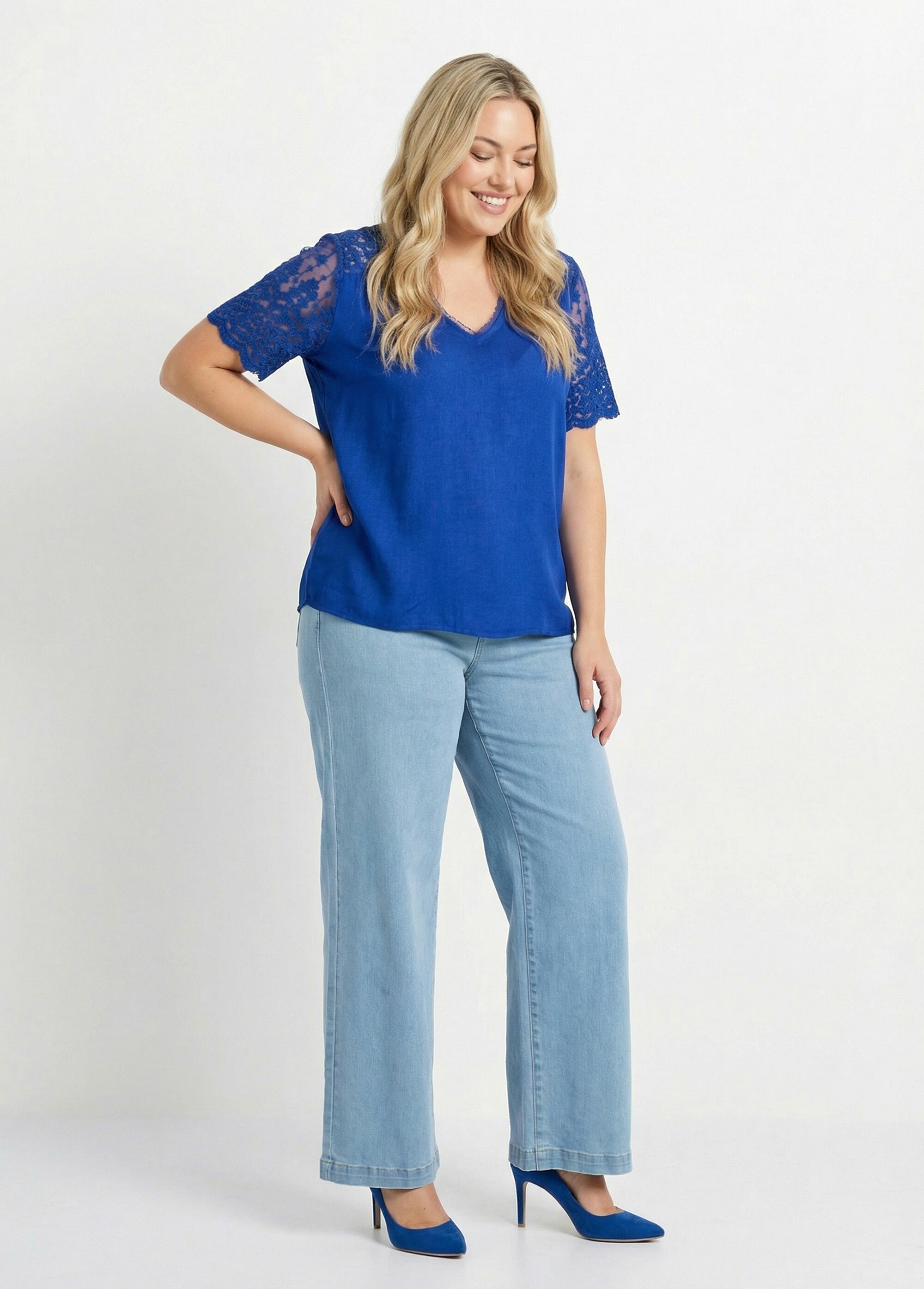 Blouse dos en dentelle + détail goutte Femme Grande Taille Bleu MA-M610-1539 SF1