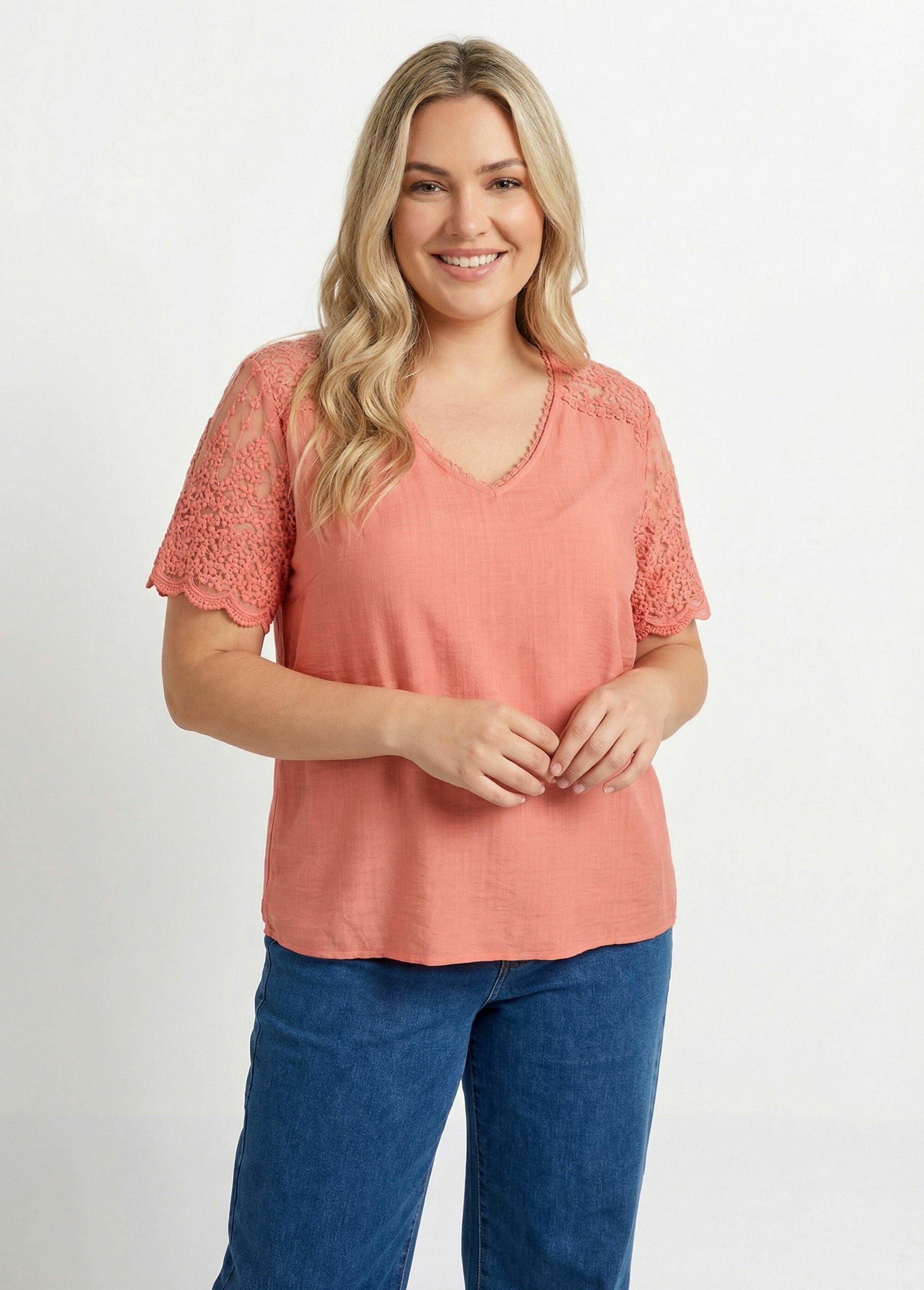 Blouse dos en dentelle + détail goutte Femme Grande Taille Rose MA-M610-1539 FA1