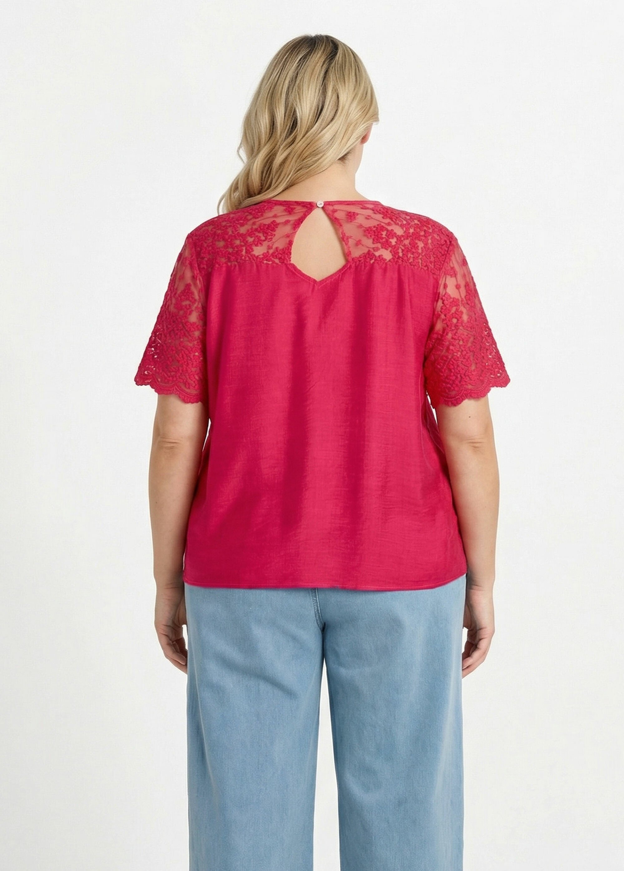 Blouse dos en dentelle + détail goutte Femme Grande Taille Rose MA-M610-1539 DO1